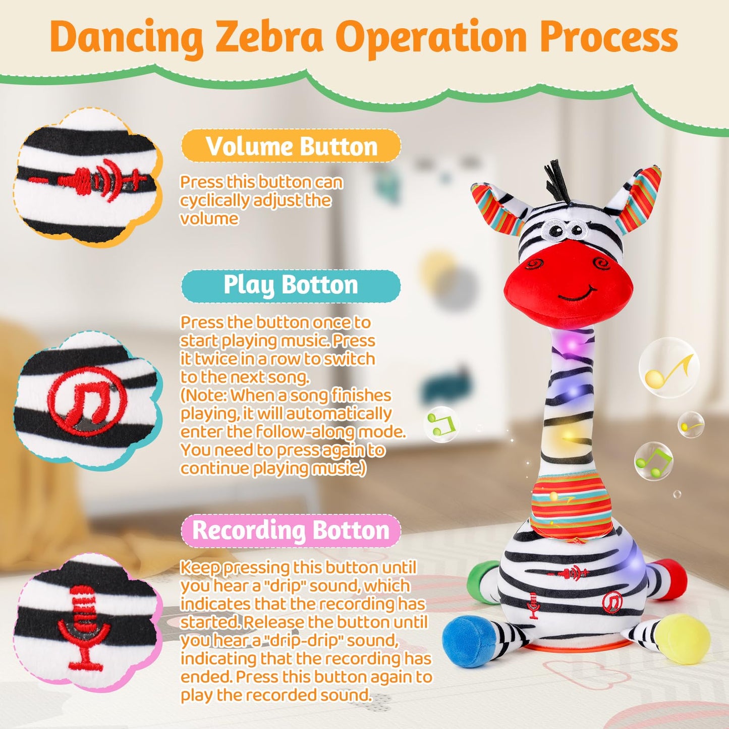 LLUKEME Dancing Talking Zebra Toy – Interactive Plush with Songs & Lights