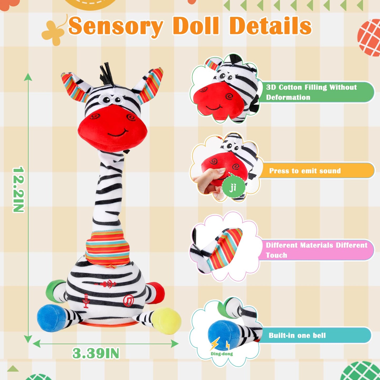 LLUKEME Dancing Talking Zebra Toy – Interactive Plush with Songs & Lights