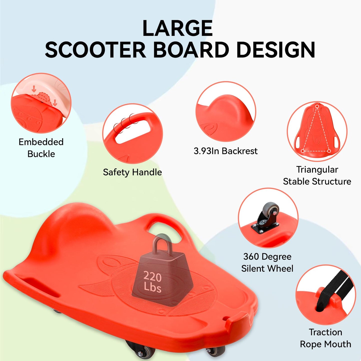 LLYJJKUWL Large Kids Scooter Board – 19.7 x 17.1 in, 220 lb, 5 Wheels, Indoor/Outdoor