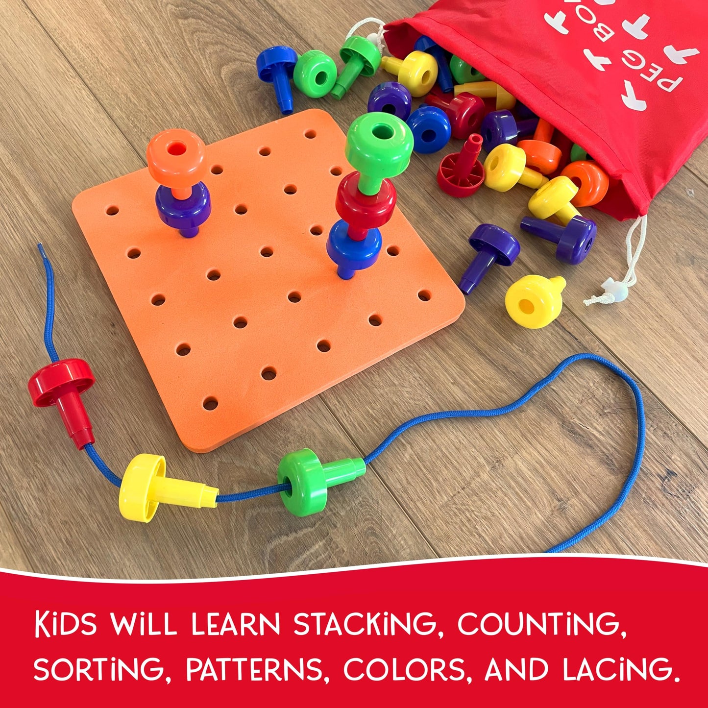 LMC Products Foam Peg Board Toy – 36 Pegs, Foam Board, Lacing String & Storage Bag | Fine Motor Skills Toy for Toddlers and Kids (Orange)