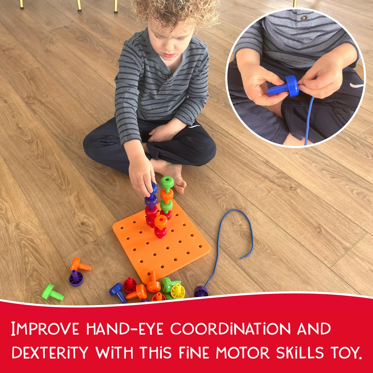 LMC Products Foam Peg Board Toy – 36 Pegs, Foam Board, Lacing String & Storage Bag | Fine Motor Skills Toy for Toddlers and Kids (Orange)
