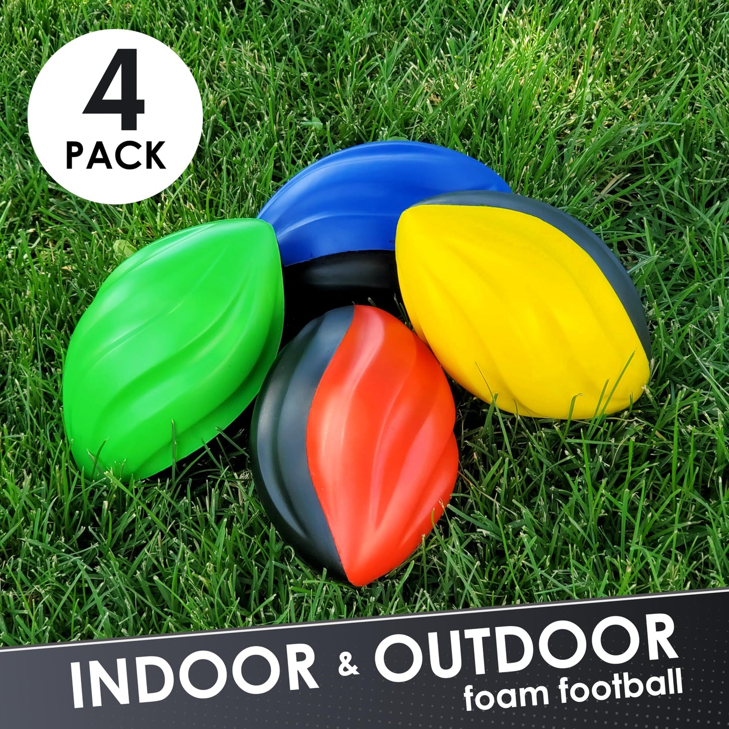 LMC Products 7-Inch Spiral Mini Foam Footballs - 4-Pack for Kids (Red, Yellow, Blue, Green)