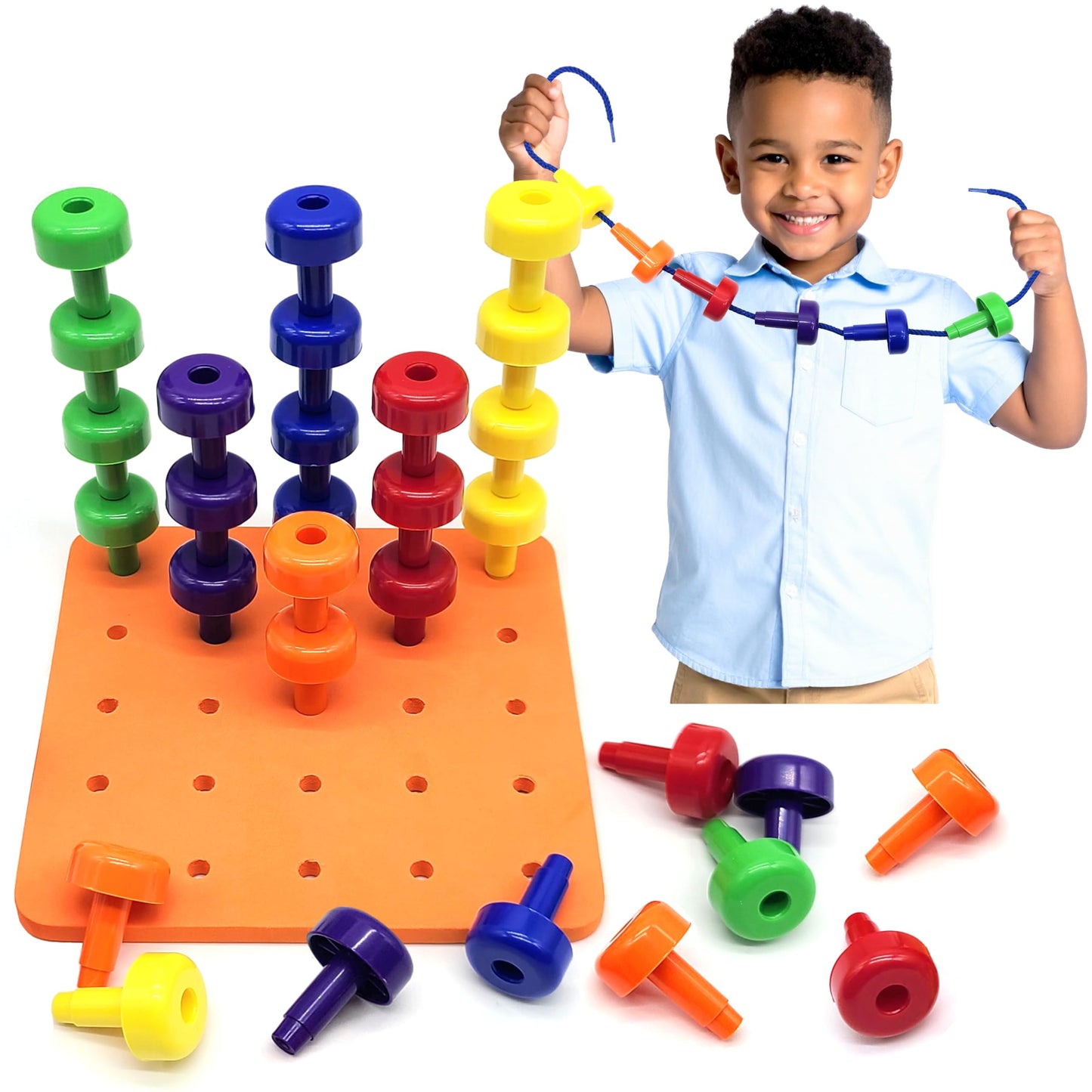 LMC Products Foam Peg Board Toy – 36 Pegs, Foam Board, Lacing String & Storage Bag | Fine Motor Skills Toy for Toddlers and Kids (Orange)
