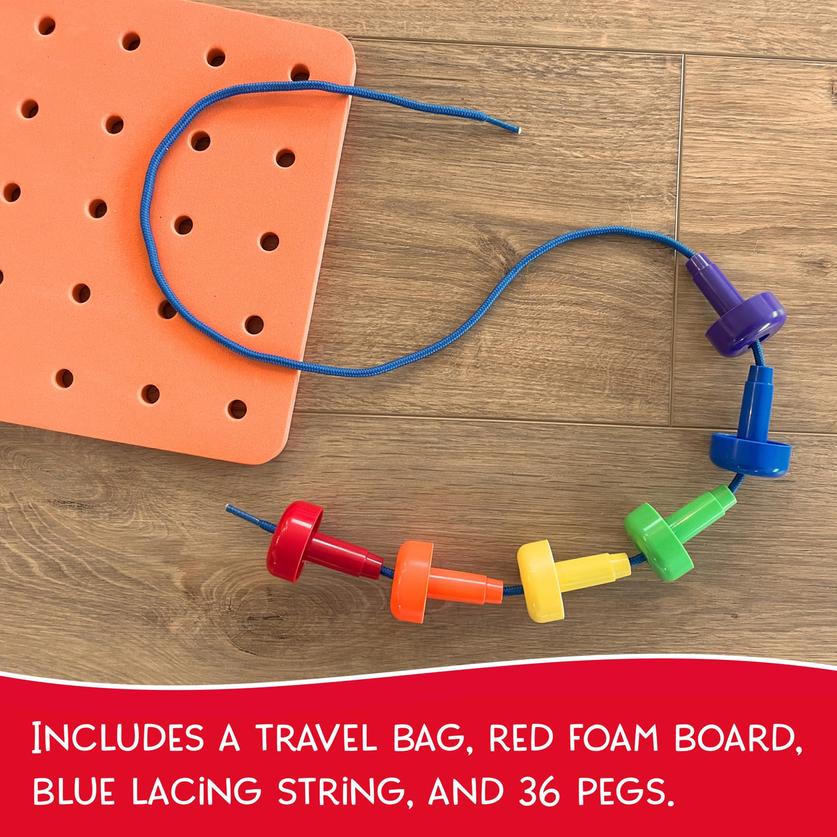 LMC Products Foam Peg Board Toy – 36 Pegs, Foam Board, Lacing String & Storage Bag | Fine Motor Skills Toy for Toddlers and Kids (Orange)