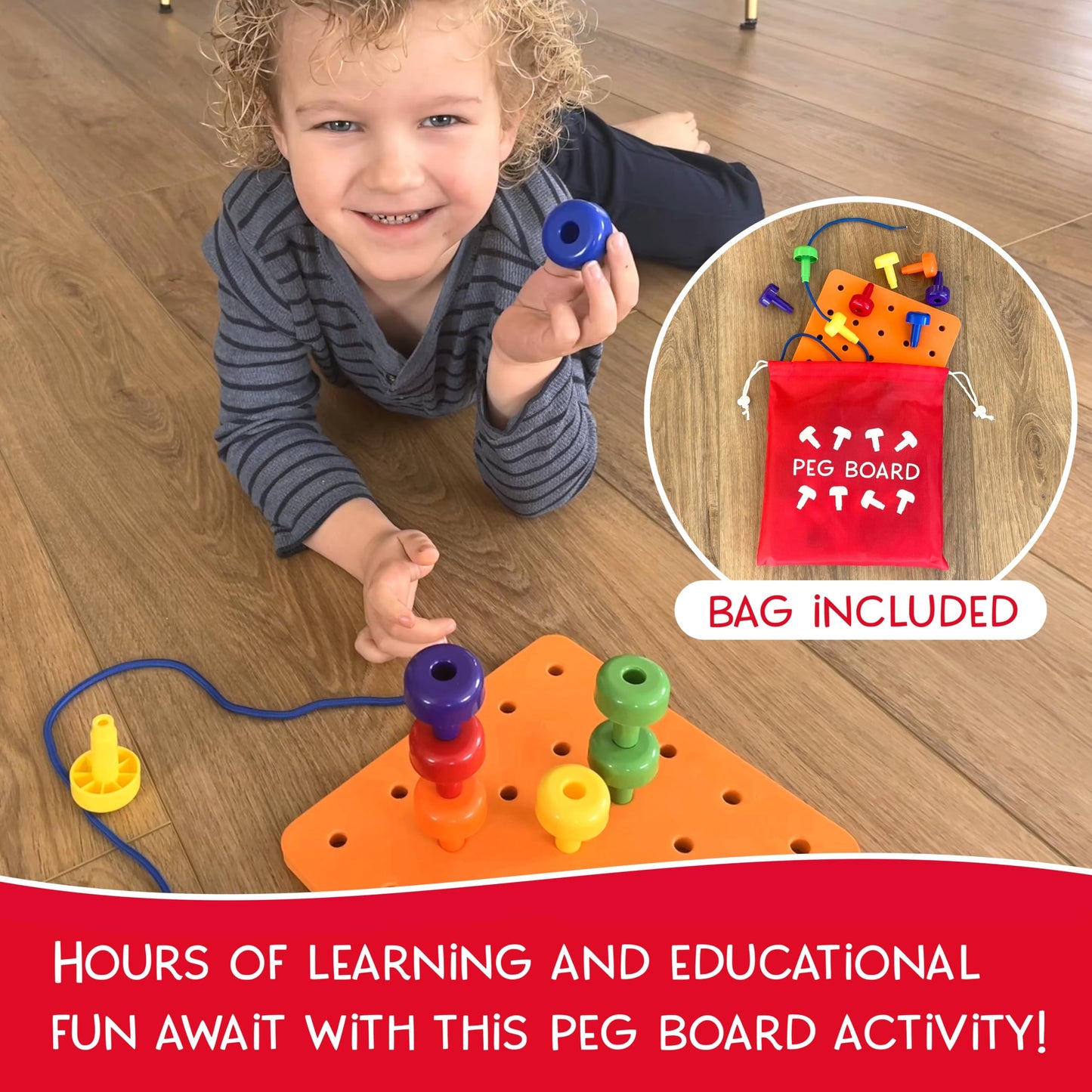 LMC Products Foam Peg Board Toy – 36 Pegs, Foam Board, Lacing String & Storage Bag | Fine Motor Skills Toy for Toddlers and Kids (Orange)