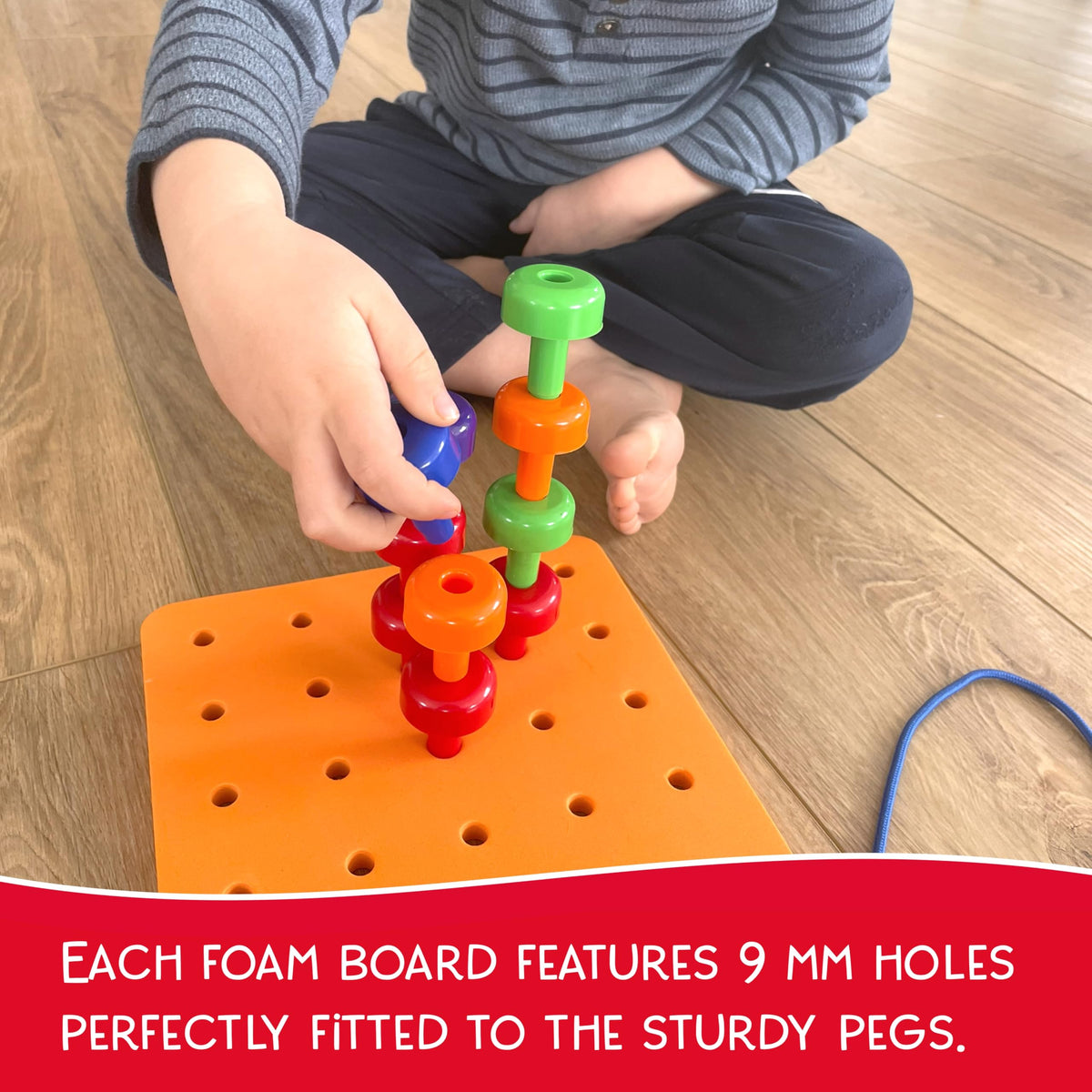 LMC Products Foam Peg Board Toy – 36 Pegs, Foam Board, Lacing String & Storage Bag | Fine Motor Skills Toy for Toddlers and Kids (Orange)