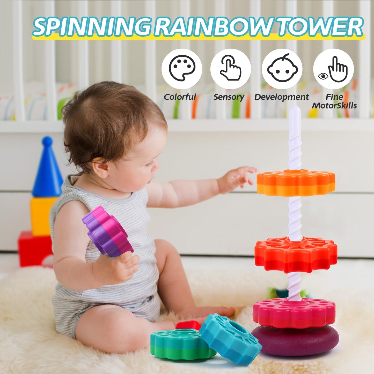 LMTNNB Spinning Stacking Toy - Rainbow Tower for Toddlers 1-3 | Colorful, Durable ABS Plastic
