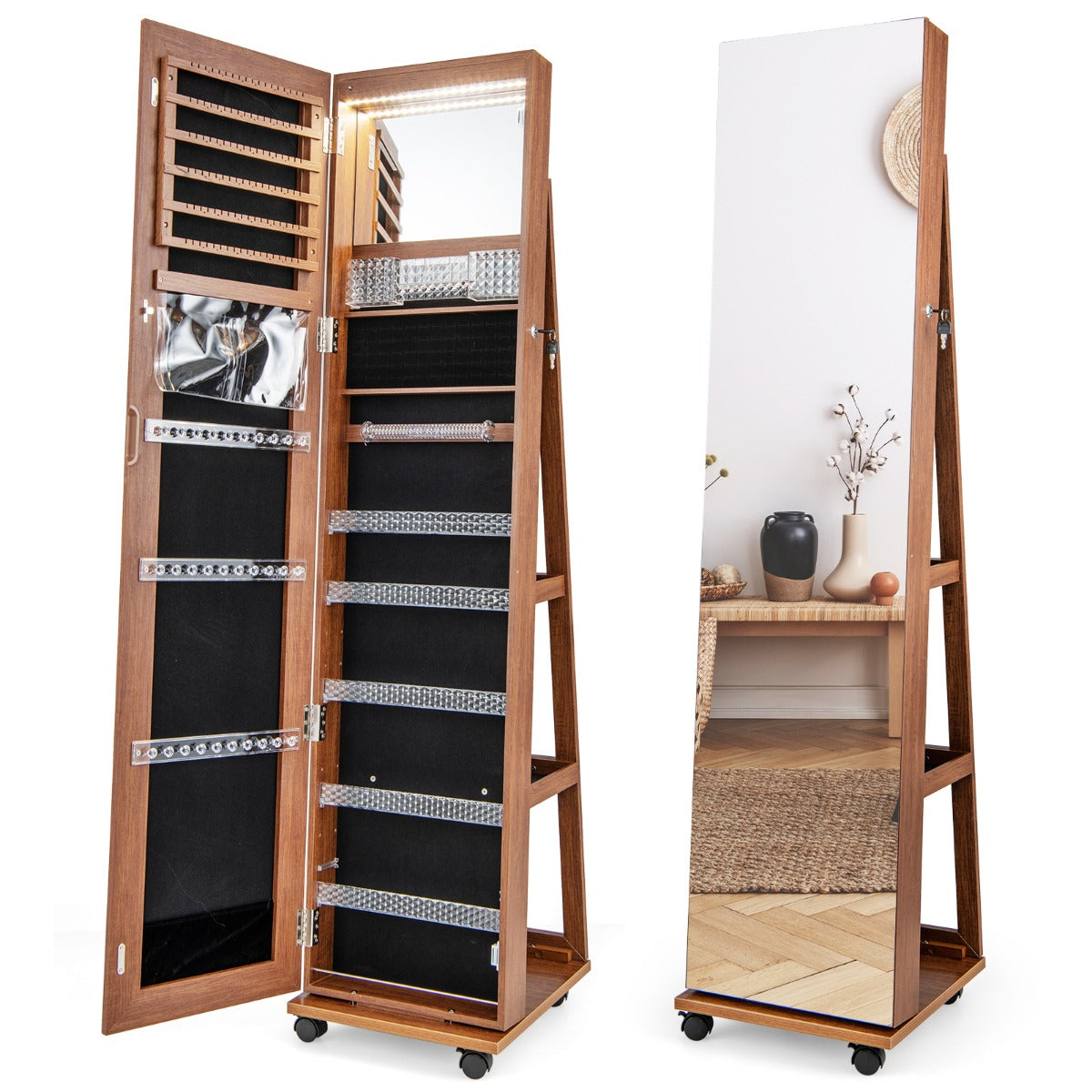 Mirror Standing Jewelry Organizer with Lock 3 Color LED Lights Built-in Vanity Mirror and Universal Wheels-Black