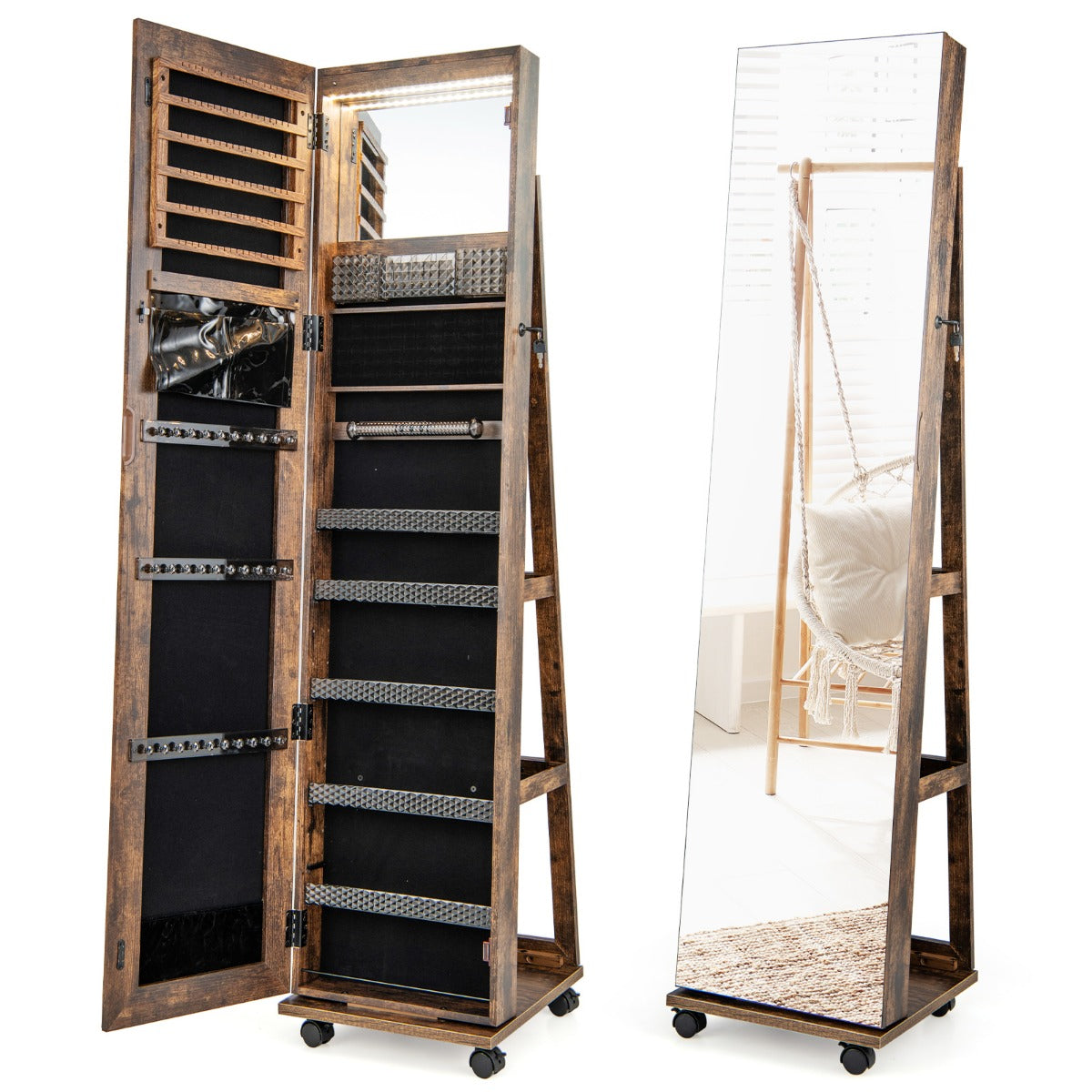 Mirror Standing Jewelry Organizer with Lock 3 Color LED Lights Built-in Vanity Mirror and Universal Wheels-Black