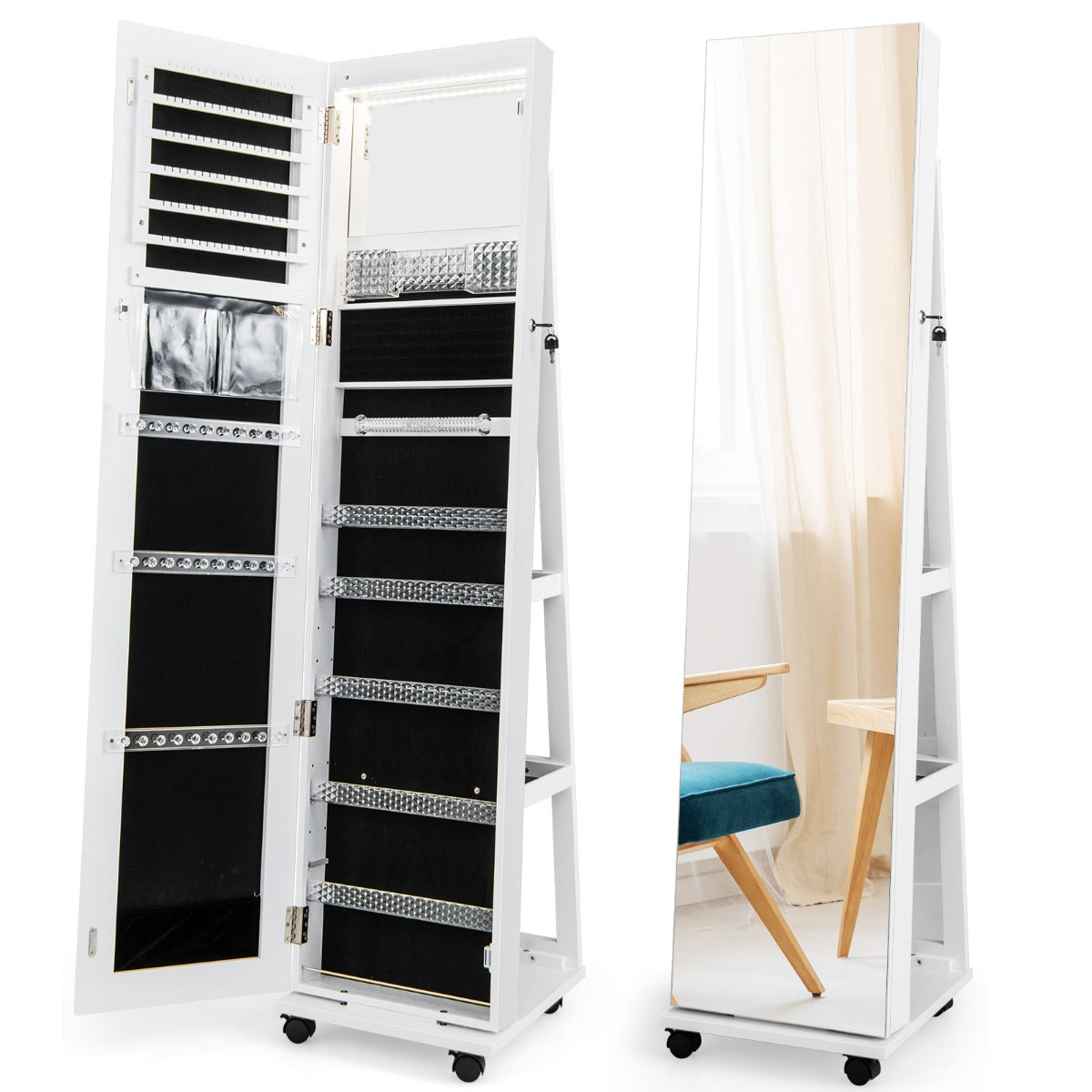 Mirror Standing Jewelry Organizer with Lock 3 Color LED Lights Built-in Vanity Mirror and Universal Wheels-Black