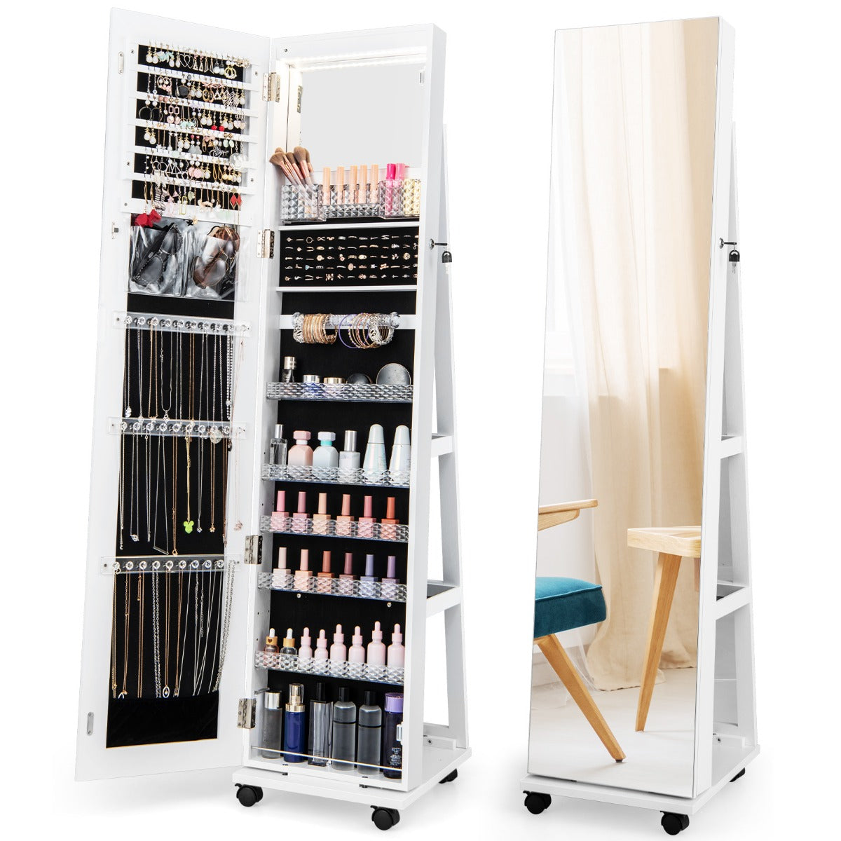 Mirror Standing Jewelry Organizer with Lock 3 Color LED Lights Built-in Vanity Mirror and Universal Wheels-Black