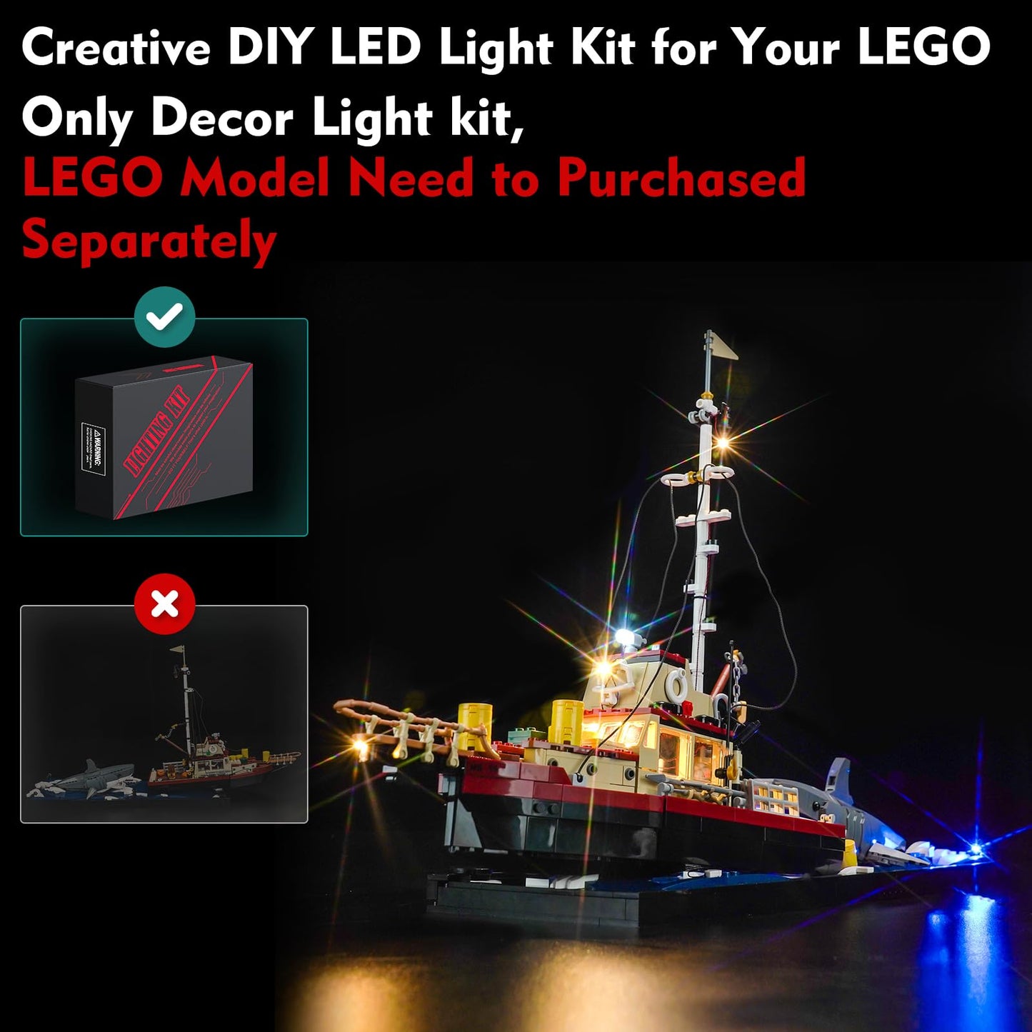 LocoLee LED Light Kit for Lego 21350 Jaws – Light Up Your Display (No Model Included)
