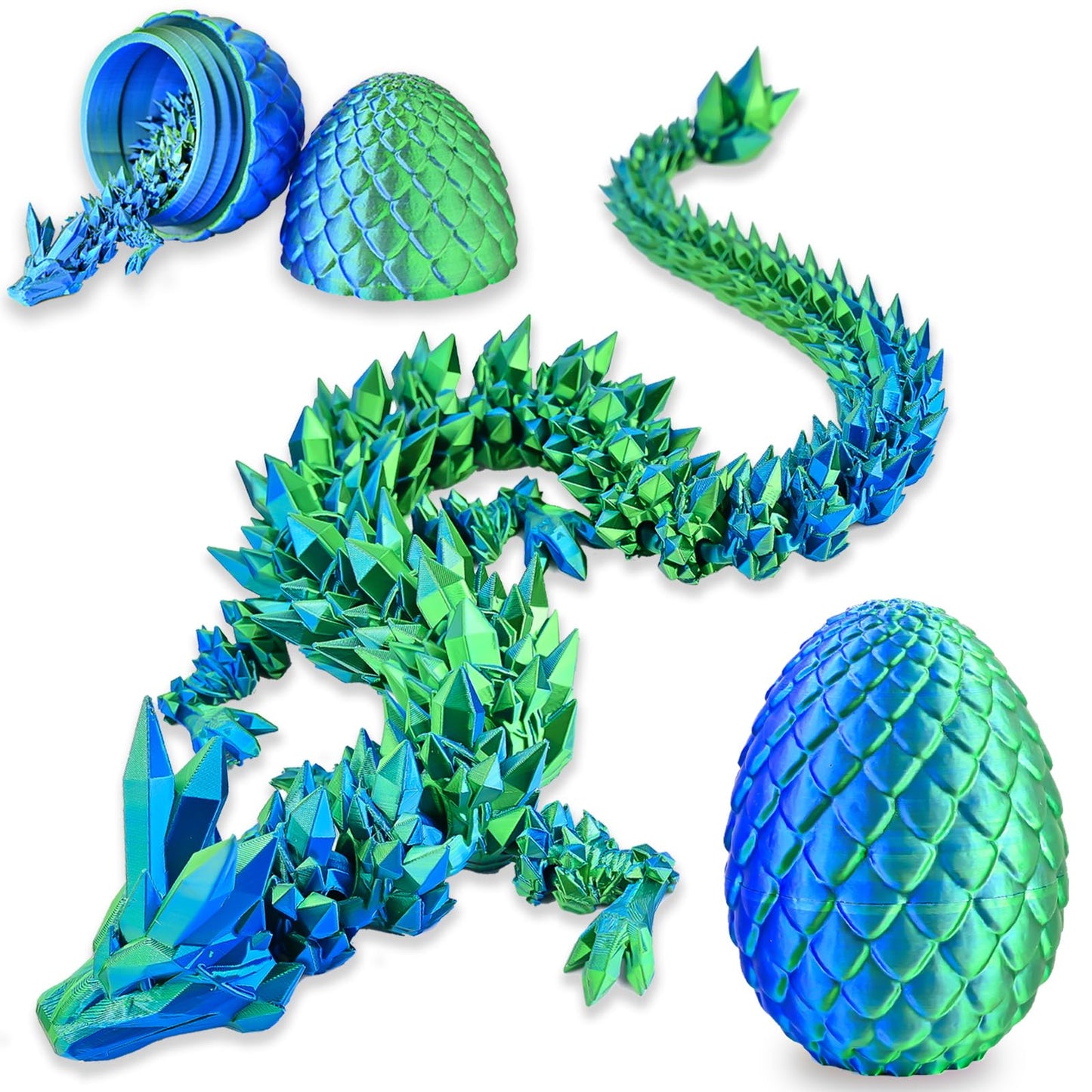 LOCYFENS 3D Printed Dragon Eggs with Articulated Dragon Inside – Blue & Green Crystal