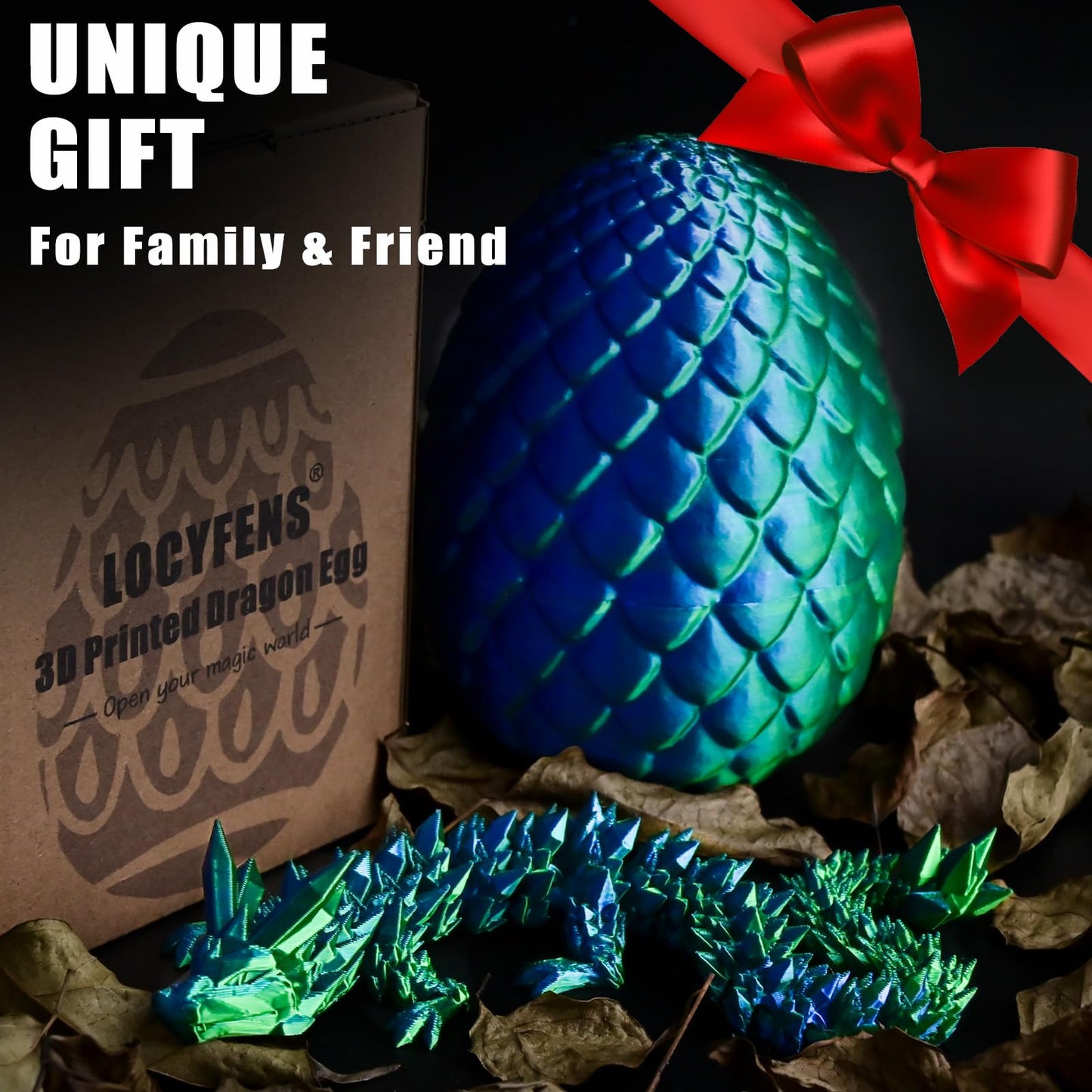 LOCYFENS 3D Printed Dragon Eggs with Articulated Dragon Inside – Blue & Green Crystal