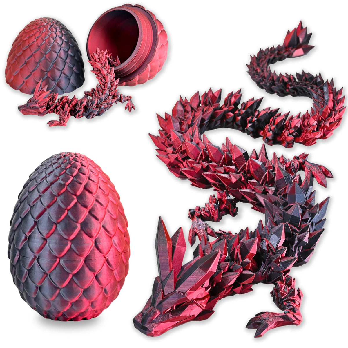 LOCYFENS 3D Printed Dragon Eggs with Articulated Dragon Inside – Crystal Dragon Black & Red