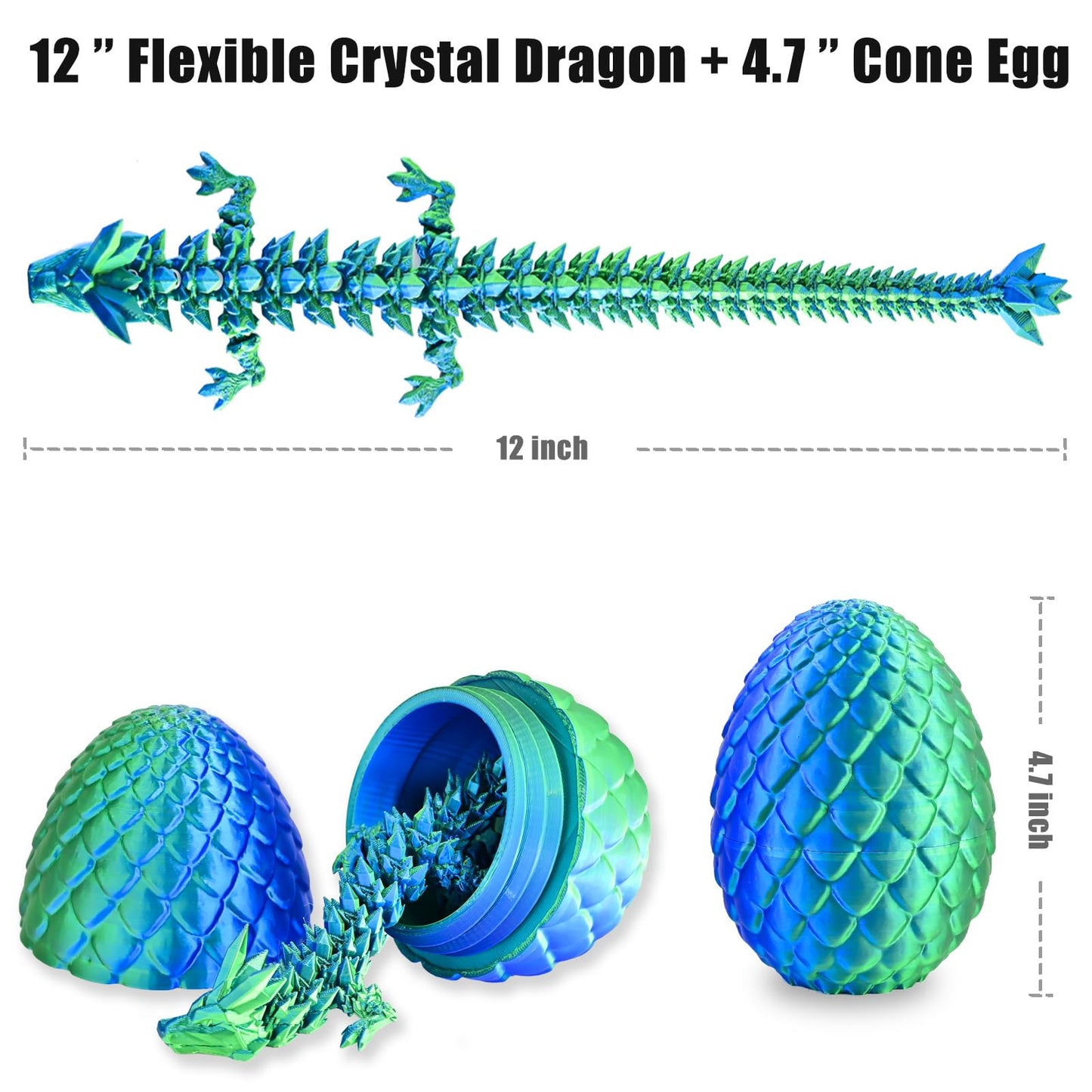 LOCYFENS 3D Printed Dragon Eggs with Articulated Dragon Inside – Blue & Green Crystal