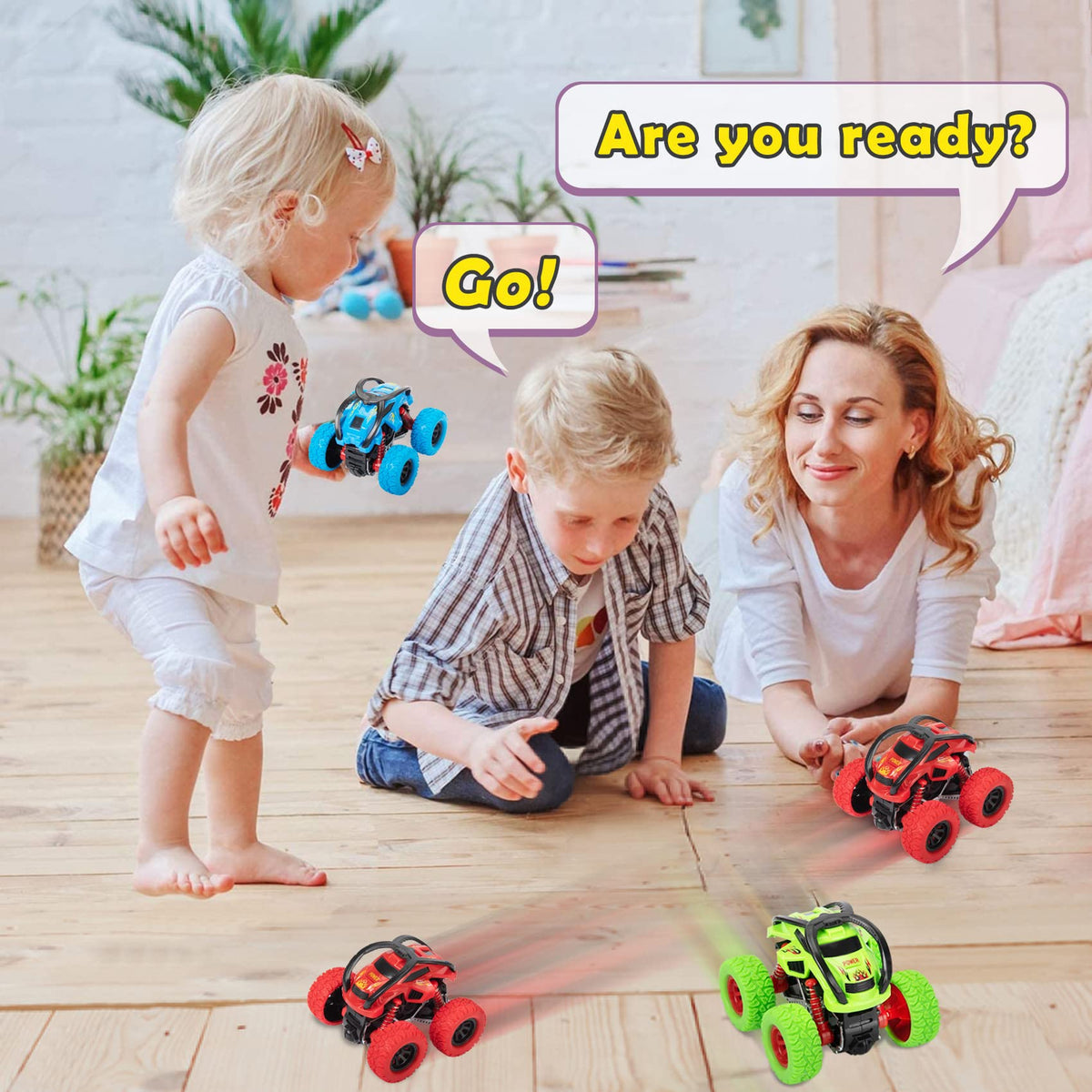LODBY Monster Trucks Toys for Boys - 3-Pack Push & Go Stunt Cars (Ages 3-6)