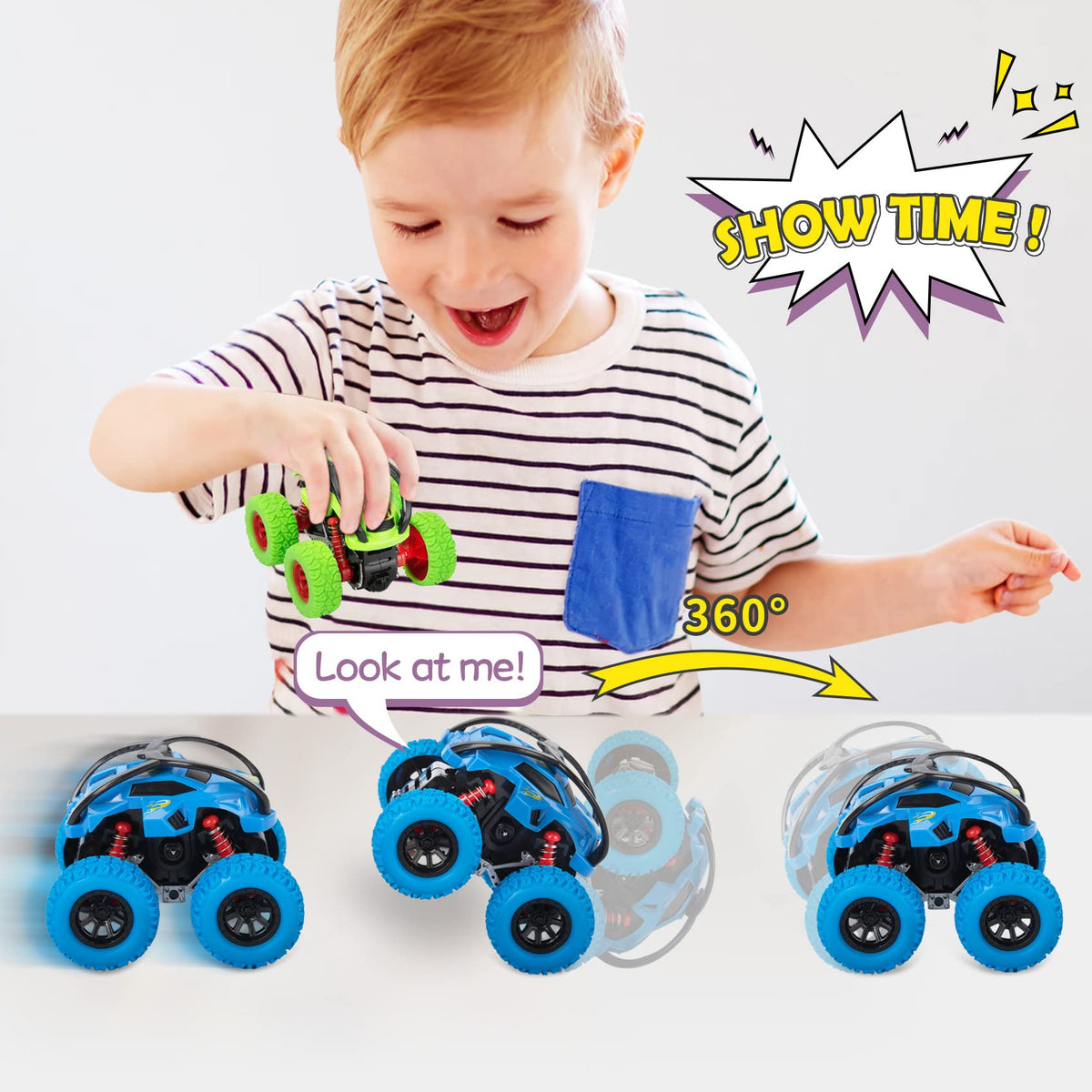 LODBY Monster Trucks Toys for Boys - 3-Pack Push & Go Stunt Cars (Ages 3-6)