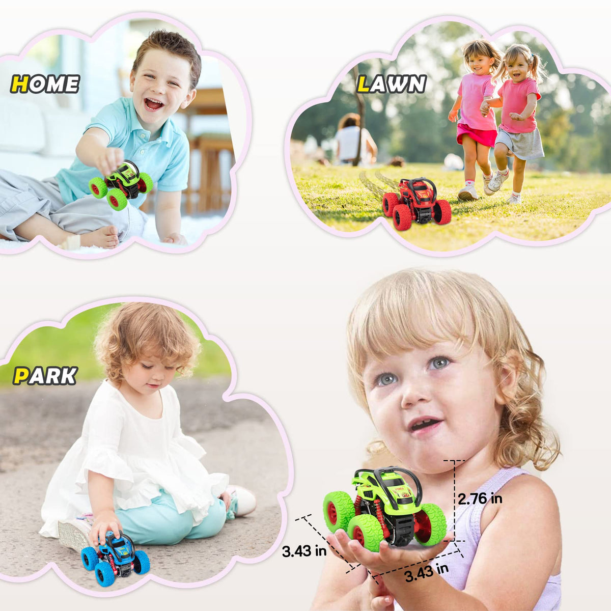 LODBY Monster Trucks Toys for Boys - 3-Pack Push & Go Stunt Cars (Ages 3-6)
