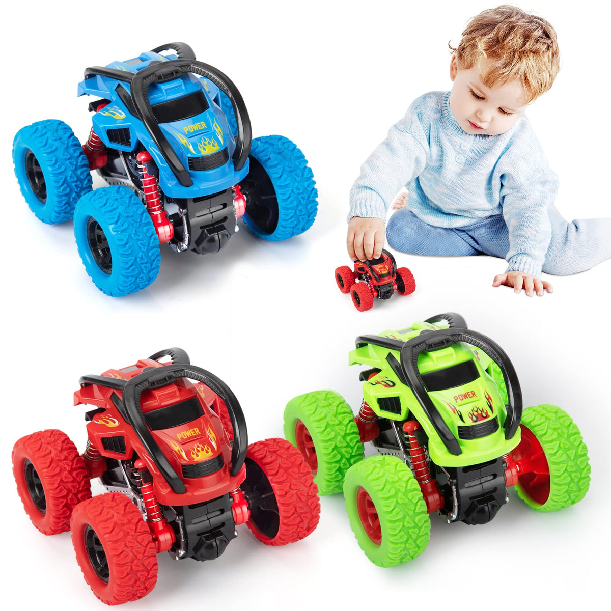 LODBY Monster Trucks Toys for Boys - 3-Pack Push & Go Stunt Cars (Ages 3-6)