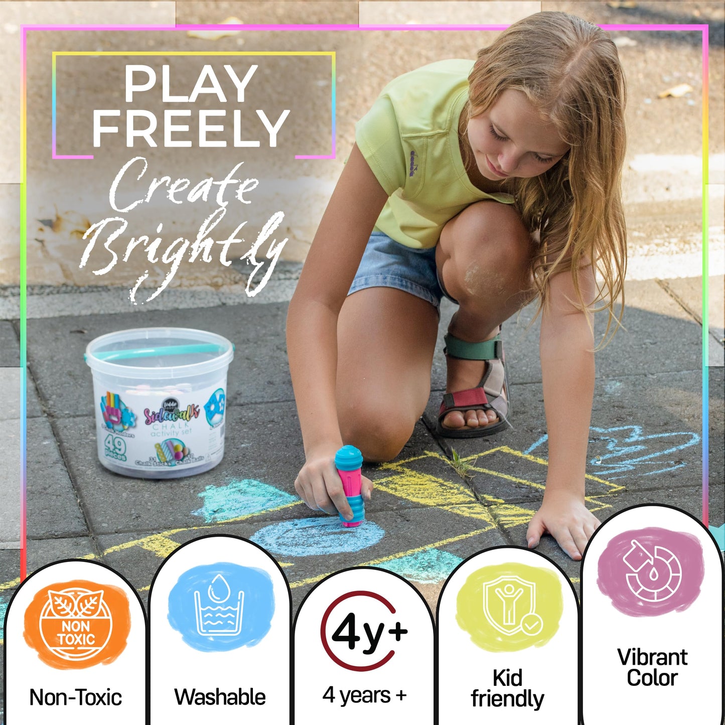 Loddie Doddie Sidewalk Chalk Bucket — 49-Piece Multicolor Set with Refillables, Holders & Stencils