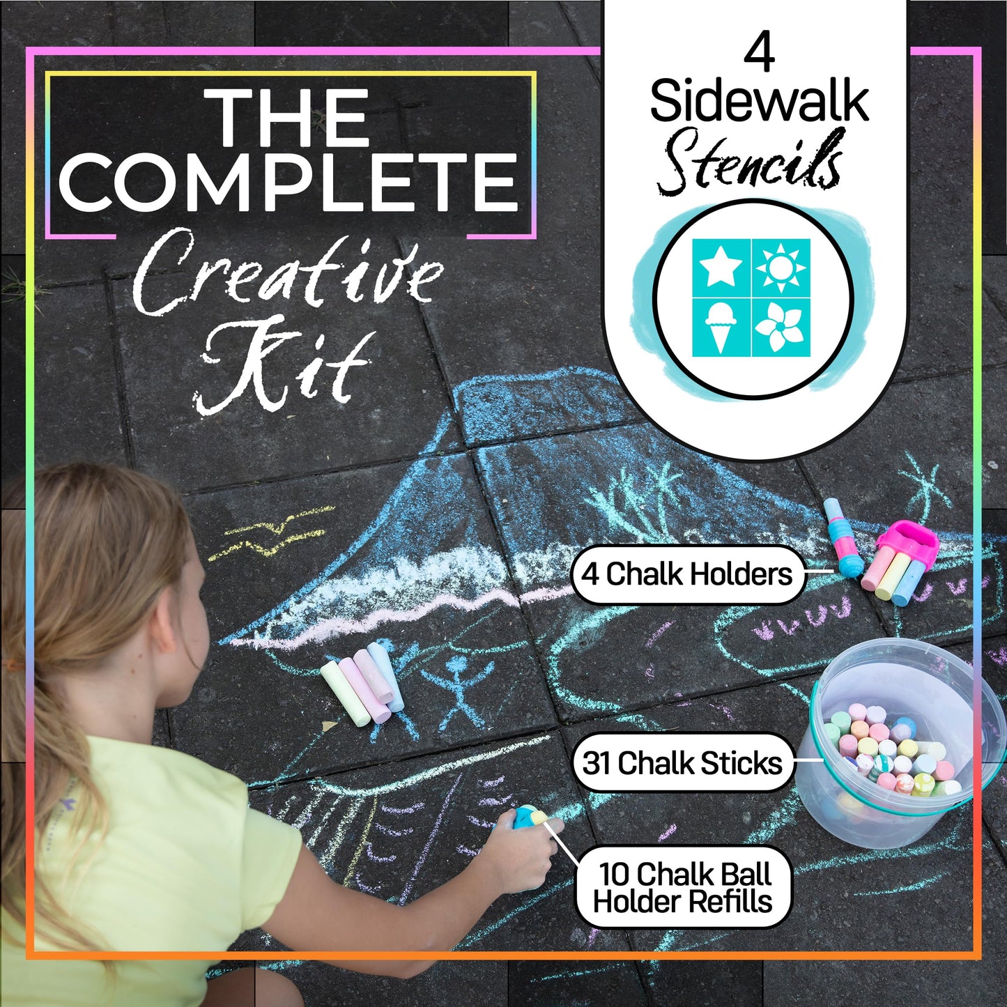 Loddie Doddie Sidewalk Chalk Bucket — 49-Piece Multicolor Set with Refillables, Holders & Stencils