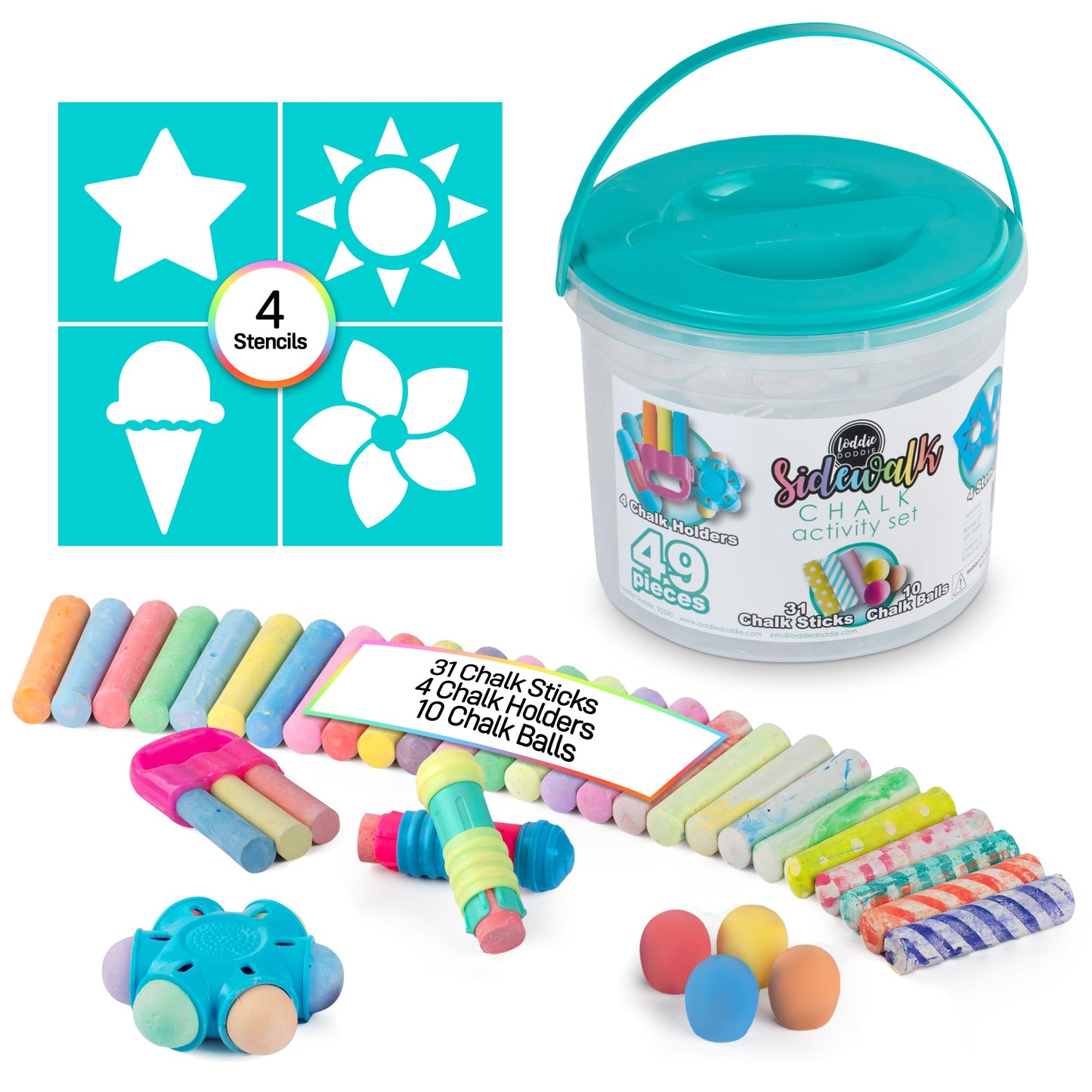 Loddie Doddie Sidewalk Chalk Bucket — 49-Piece Multicolor Set with Refillables, Holders & Stencils