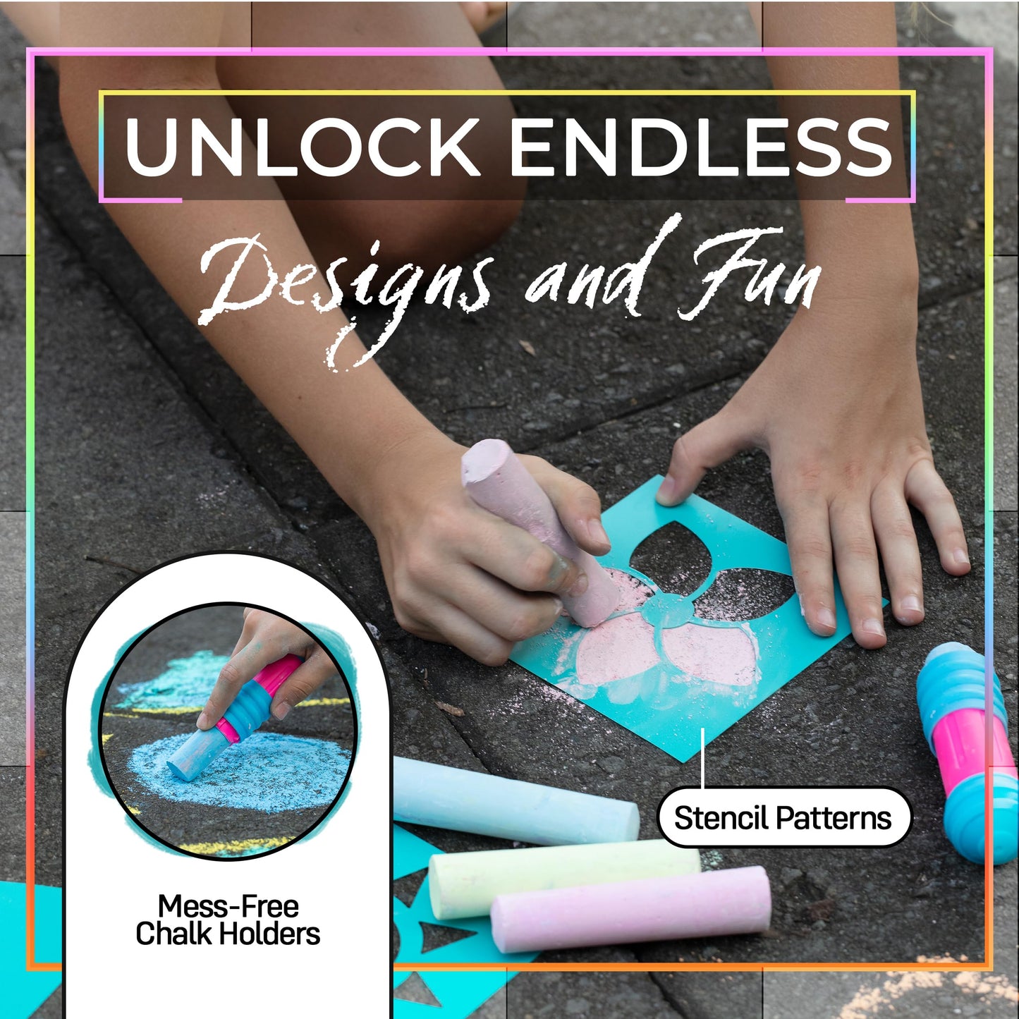 Loddie Doddie Sidewalk Chalk Bucket — 49-Piece Multicolor Set with Refillables, Holders & Stencils