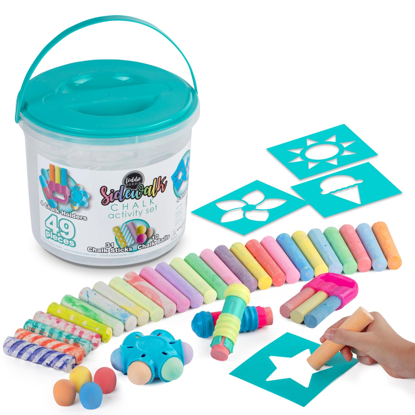 Loddie Doddie Sidewalk Chalk Bucket — 49-Piece Multicolor Set with Refillables, Holders & Stencils
