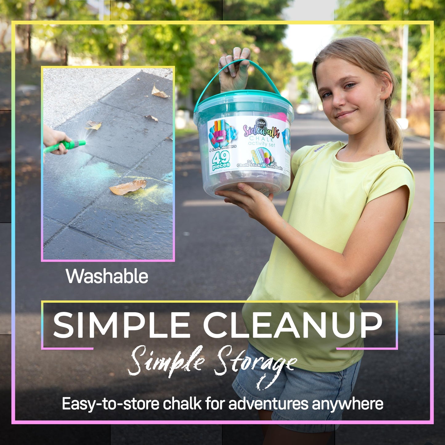 Loddie Doddie Sidewalk Chalk Bucket — 49-Piece Multicolor Set with Refillables, Holders & Stencils