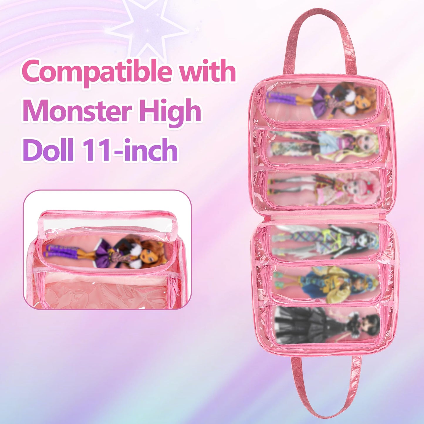 LoDrid Doll Case for Monster High Dolls – 6 Transparent Pockets, Pink Tote Bag