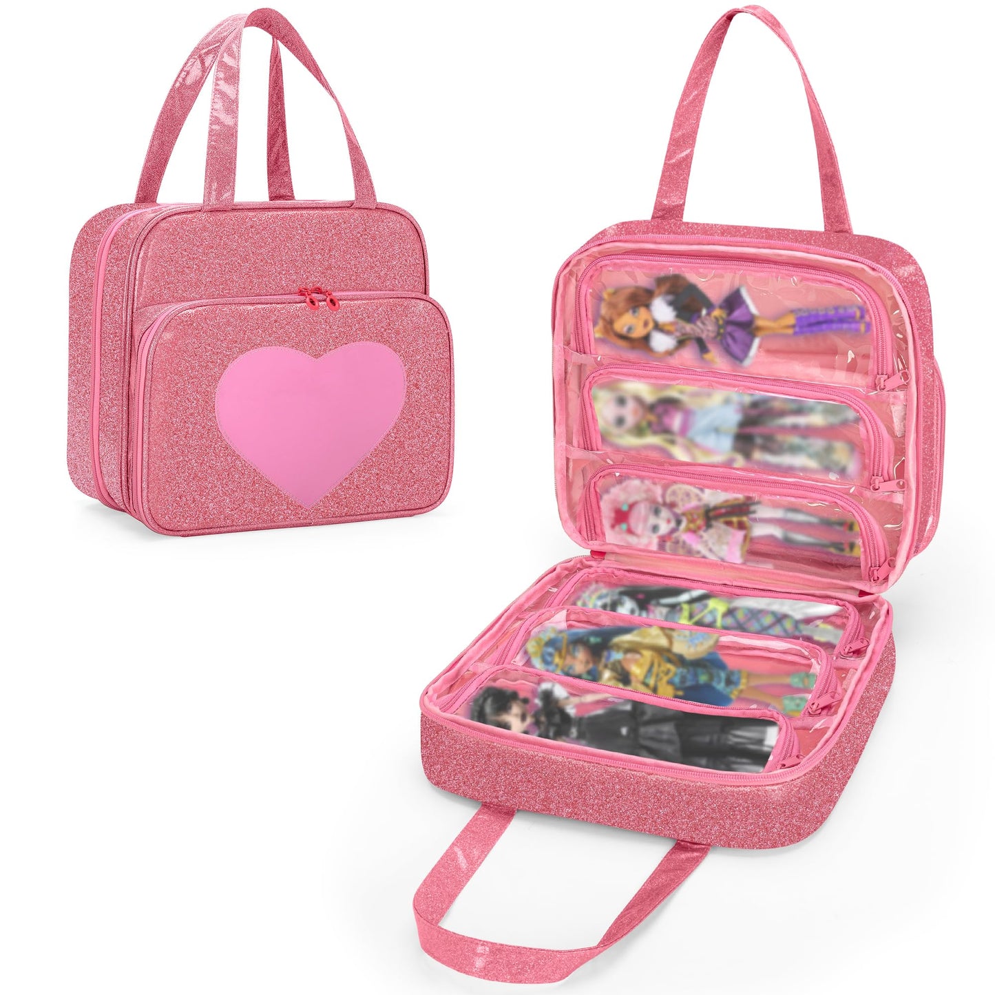 LoDrid Doll Case for Monster High Dolls – 6 Transparent Pockets, Pink Tote Bag