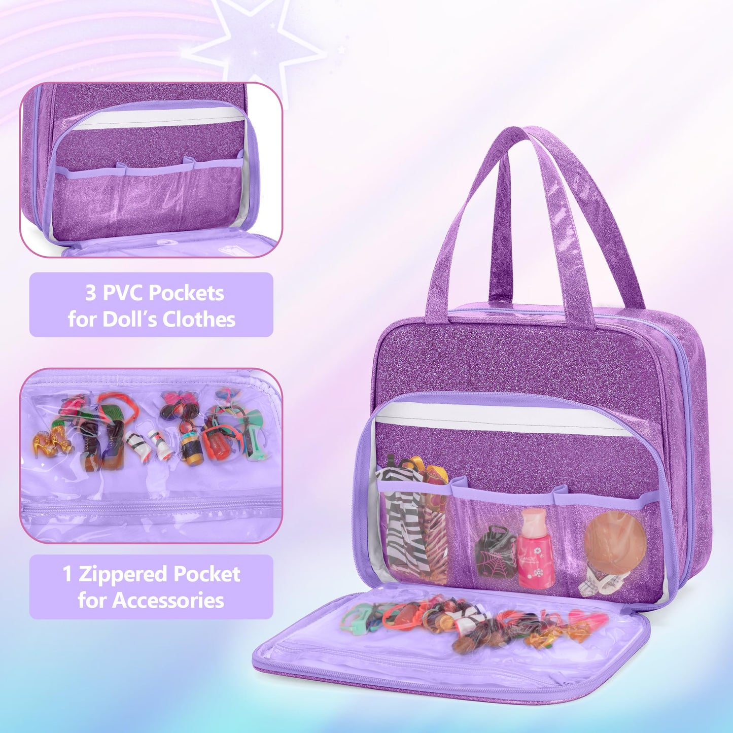 LoDrid Doll Case for Monster High Dolls — 6 Transparent Pockets, Purple Tote Bag (Bag Only)