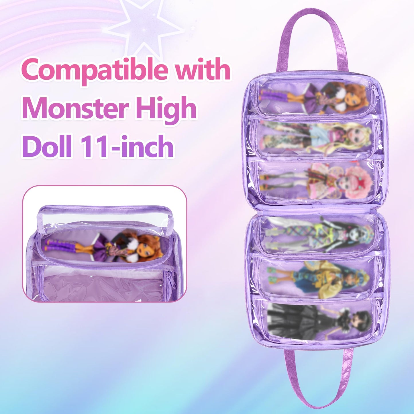 LoDrid Doll Case for Monster High Dolls — 6 Transparent Pockets, Purple Tote Bag (Bag Only)