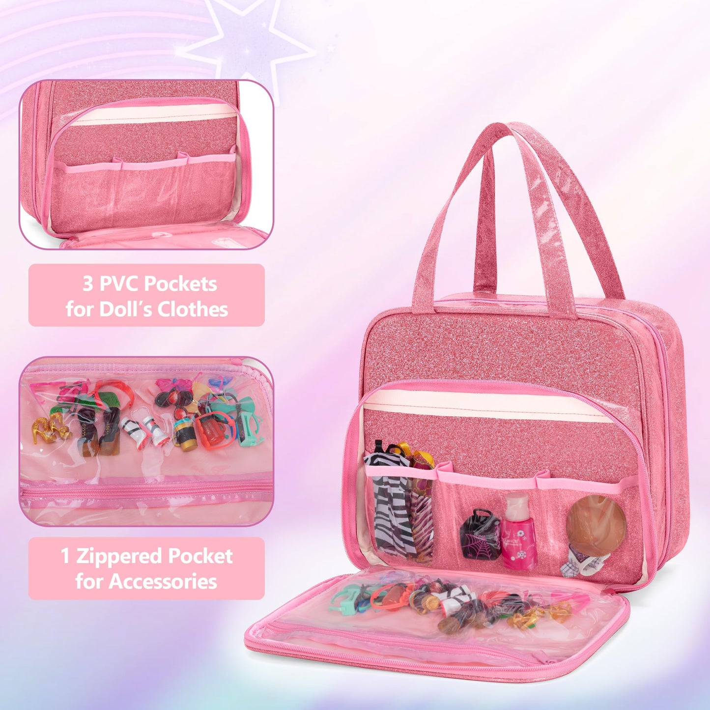 LoDrid Doll Case for Monster High Dolls – 6 Transparent Pockets, Pink Tote Bag