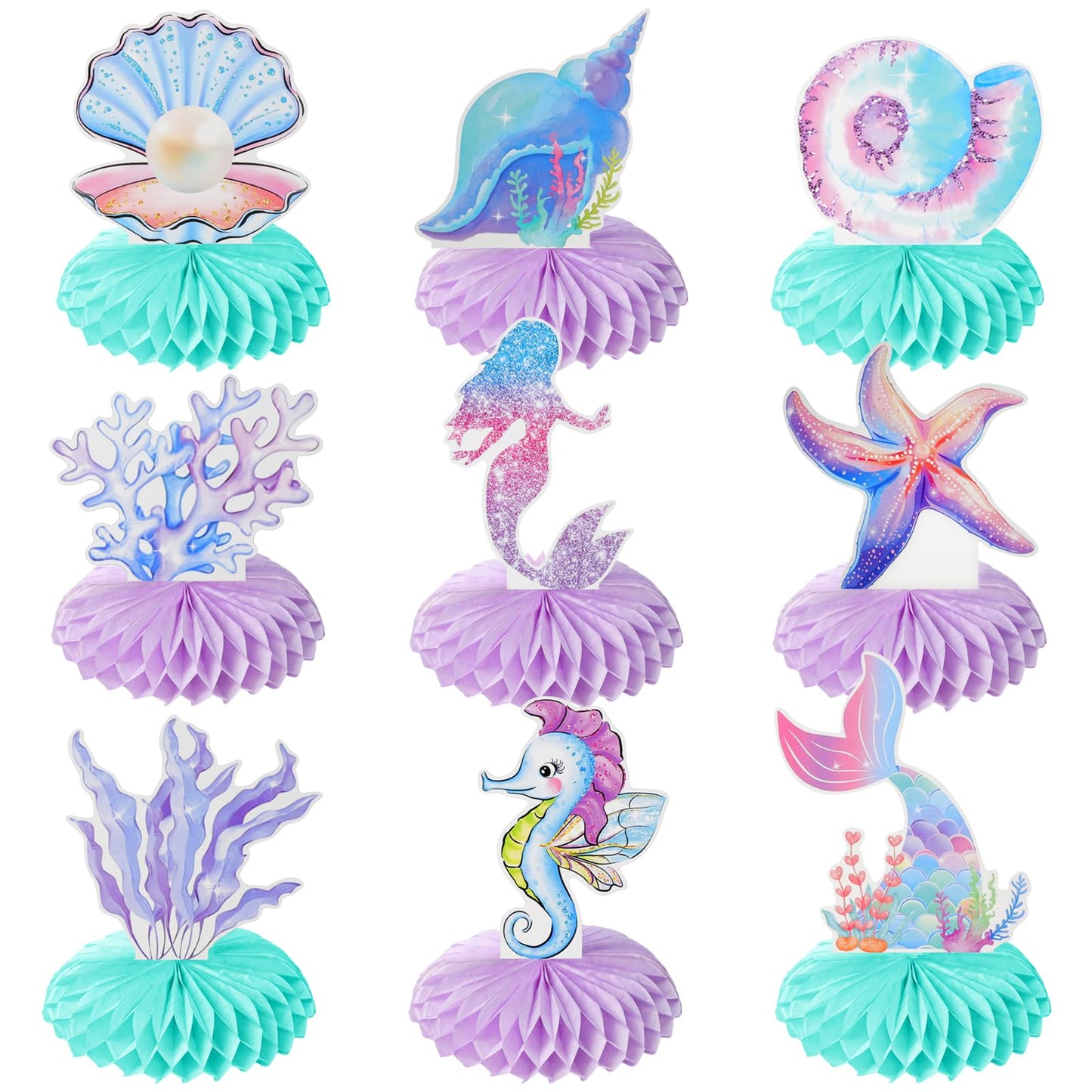 Loghohu 9PCS Mermaid Theme Party Decorations | 3D Honeycomb Centerpieces for Under-the-Sea Parties