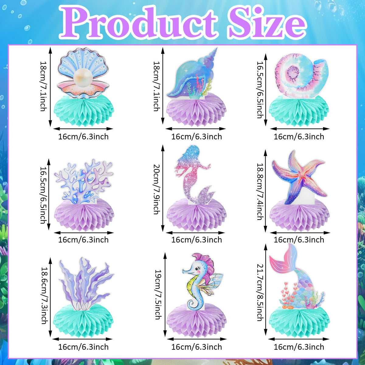 Loghohu 9PCS Mermaid Theme Party Decorations | 3D Honeycomb Centerpieces for Under-the-Sea Parties