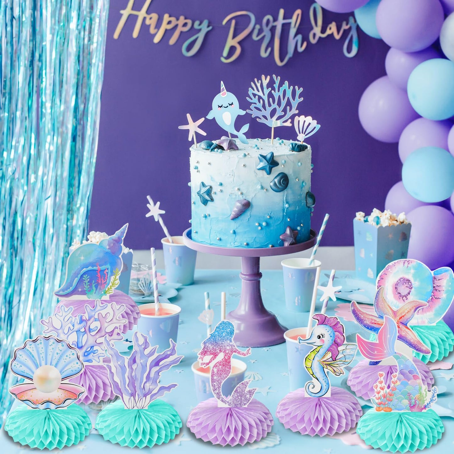 Loghohu 9PCS Mermaid Theme Party Decorations | 3D Honeycomb Centerpieces for Under-the-Sea Parties