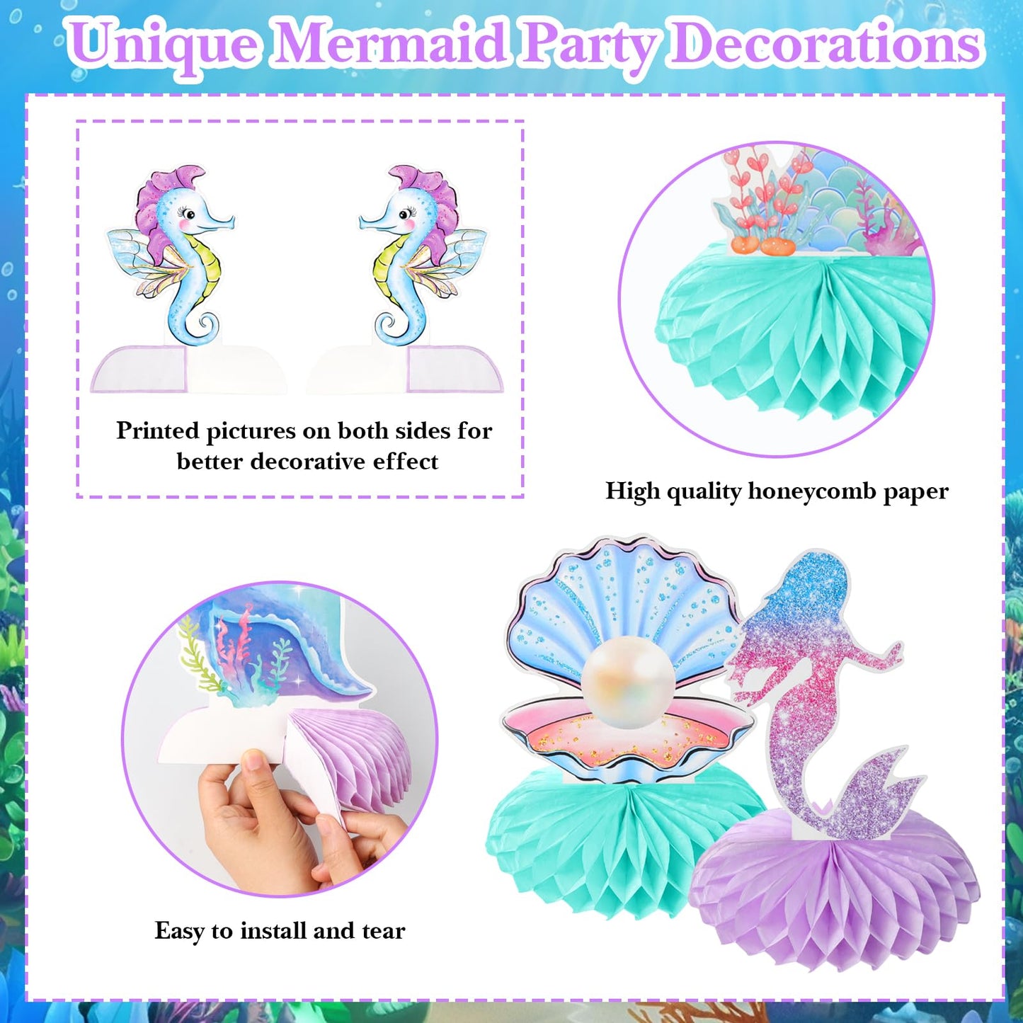 Loghohu 9PCS Mermaid Theme Party Decorations | 3D Honeycomb Centerpieces for Under-the-Sea Parties