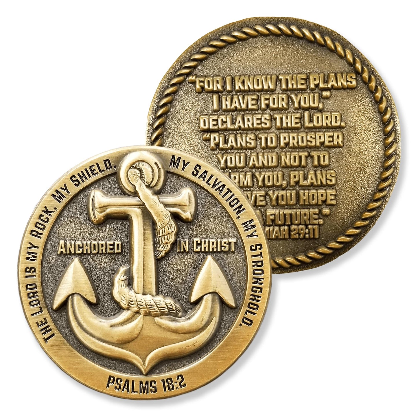 LOGOS COINS Anchored in Christ Prayer Coin – Jeremiah 29:11 The Lord is My Rock | 1.75" Antique Gold Plated Christian Coin