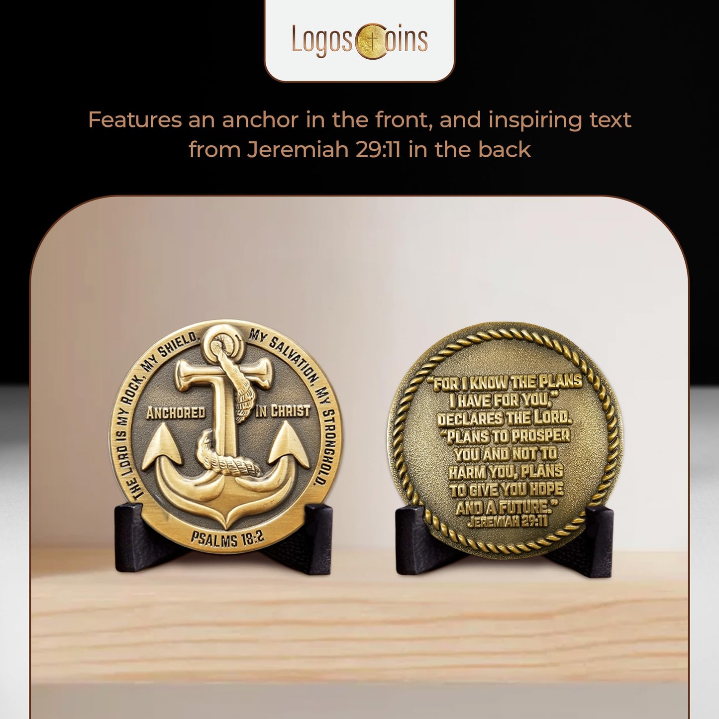 LOGOS COINS Anchored in Christ Prayer Coin – Jeremiah 29:11 The Lord is My Rock | 1.75" Antique Gold Plated Christian Coin