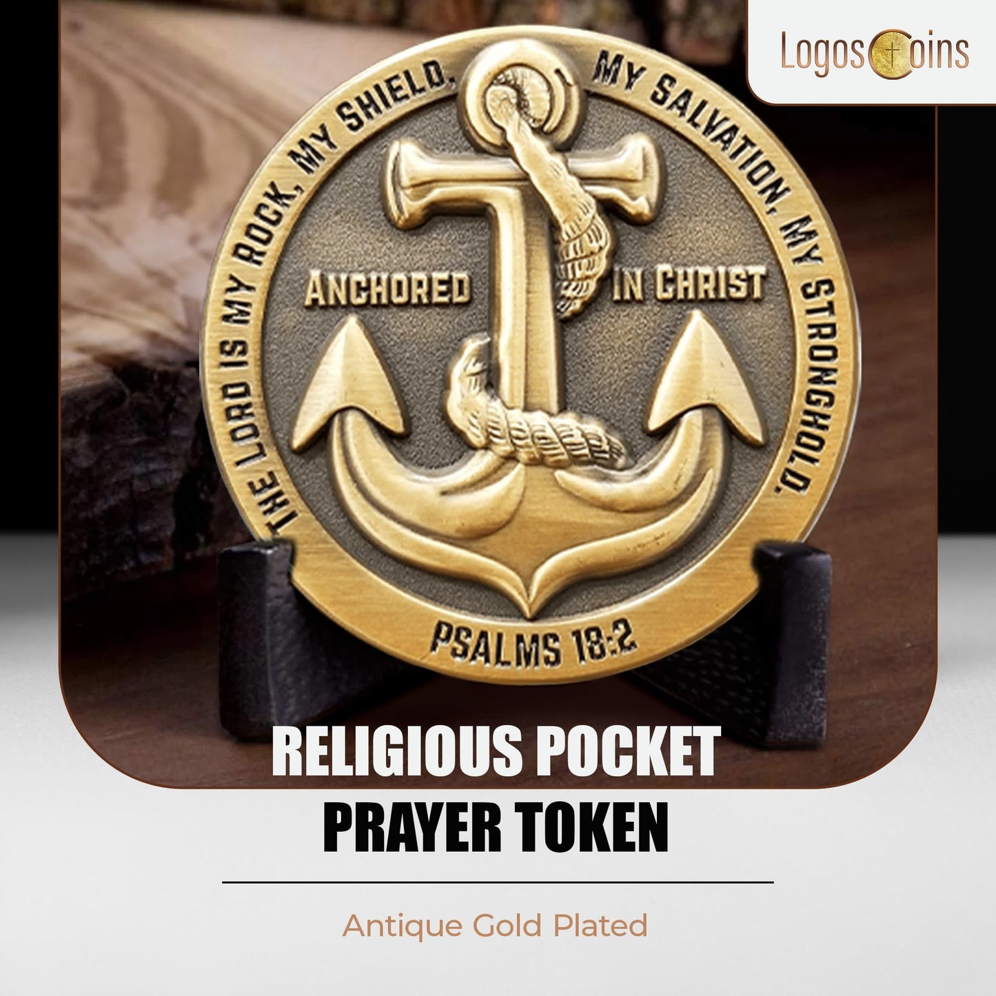 LOGOS COINS Anchored in Christ Prayer Coin – Jeremiah 29:11 The Lord is My Rock | 1.75" Antique Gold Plated Christian Coin