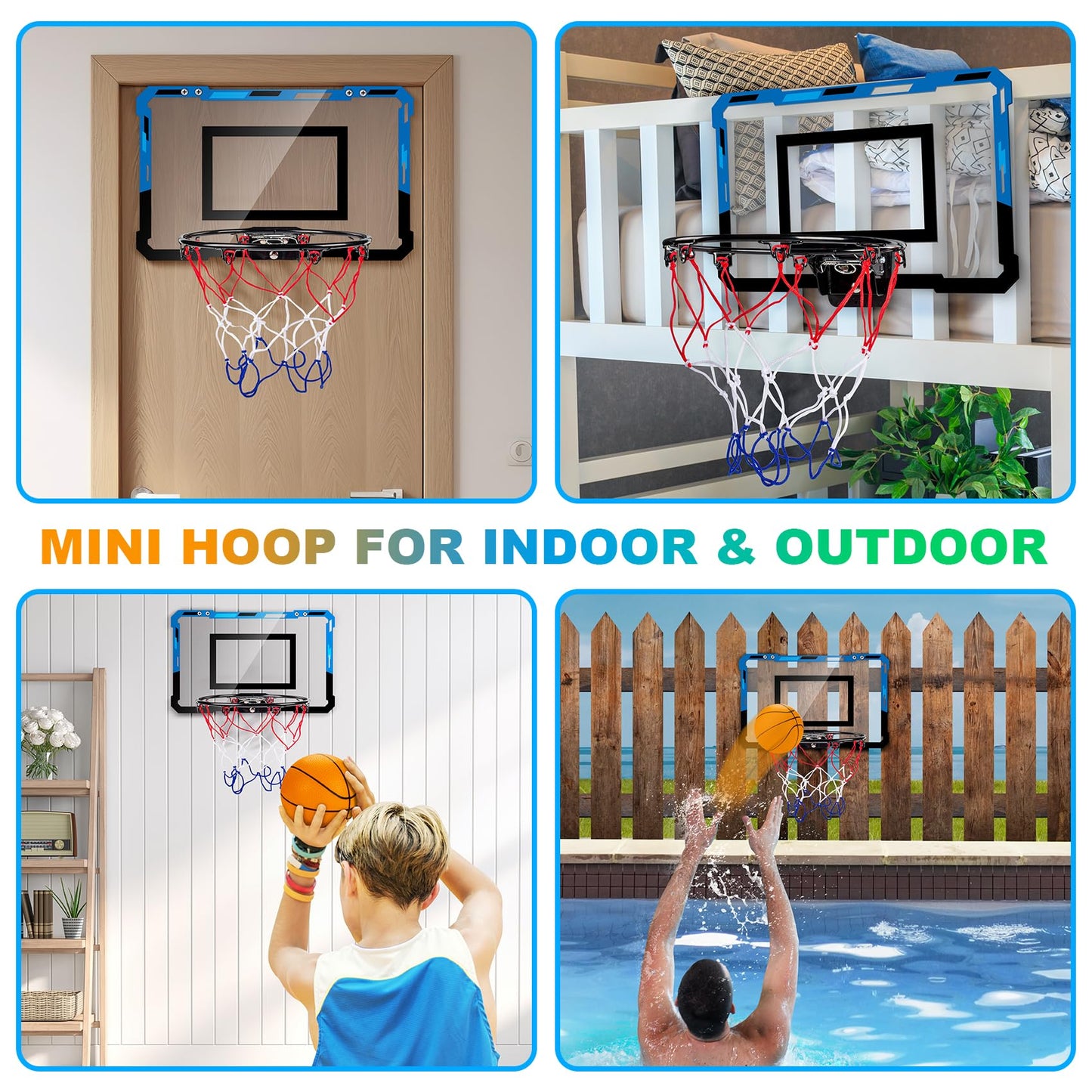 Loiley Basketball Mini Hoop – Indoor Door Mount, 3 Balls, Scoreboard, Blue