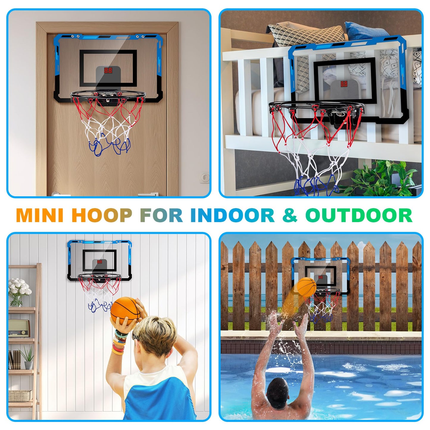 Loiley Indoor Basketball Hoop for Door – 2 Scoring Modes, Digital Scoreboard, 3 Balls | Blue