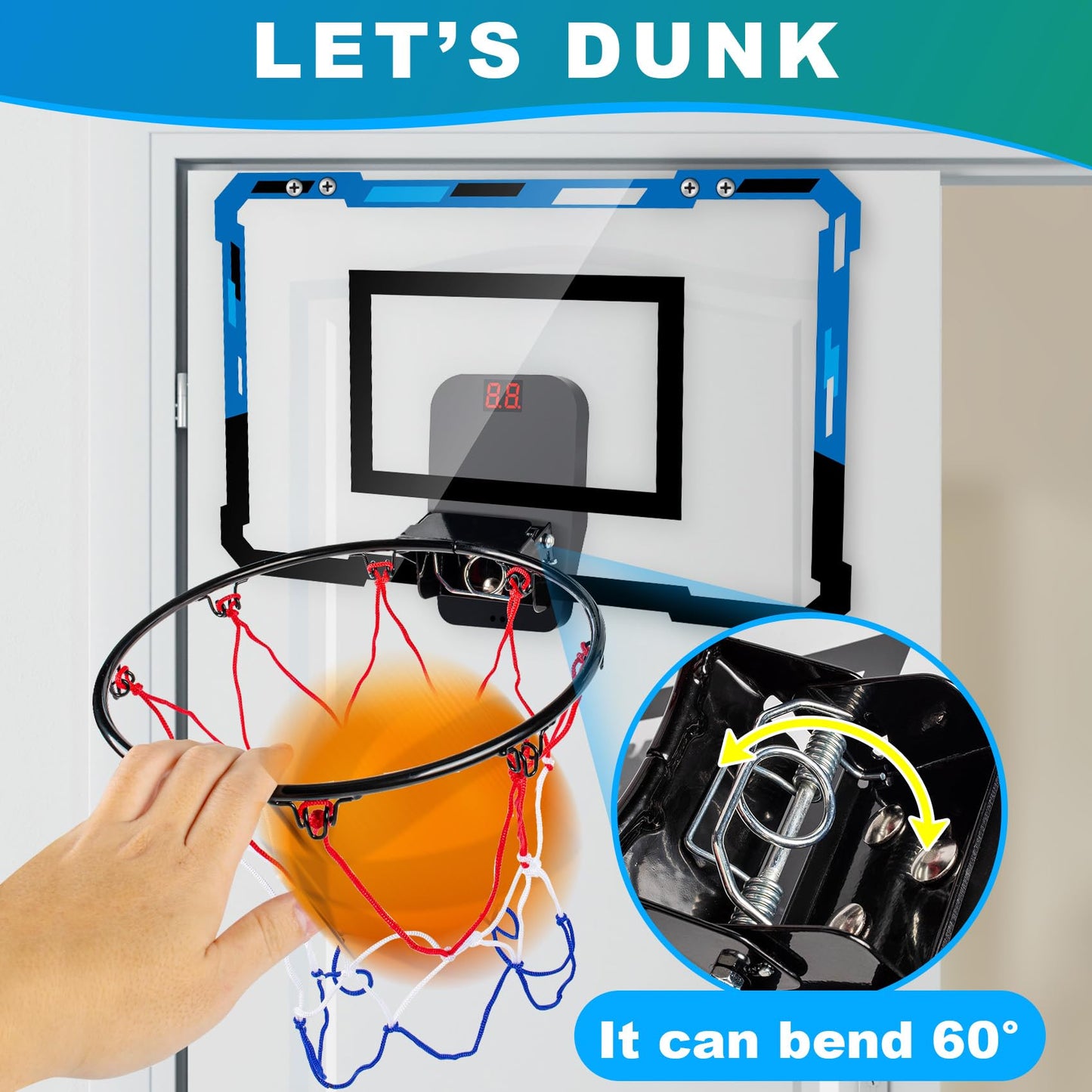 Loiley Indoor Basketball Hoop for Door – 2 Scoring Modes, Digital Scoreboard, 3 Balls | Blue