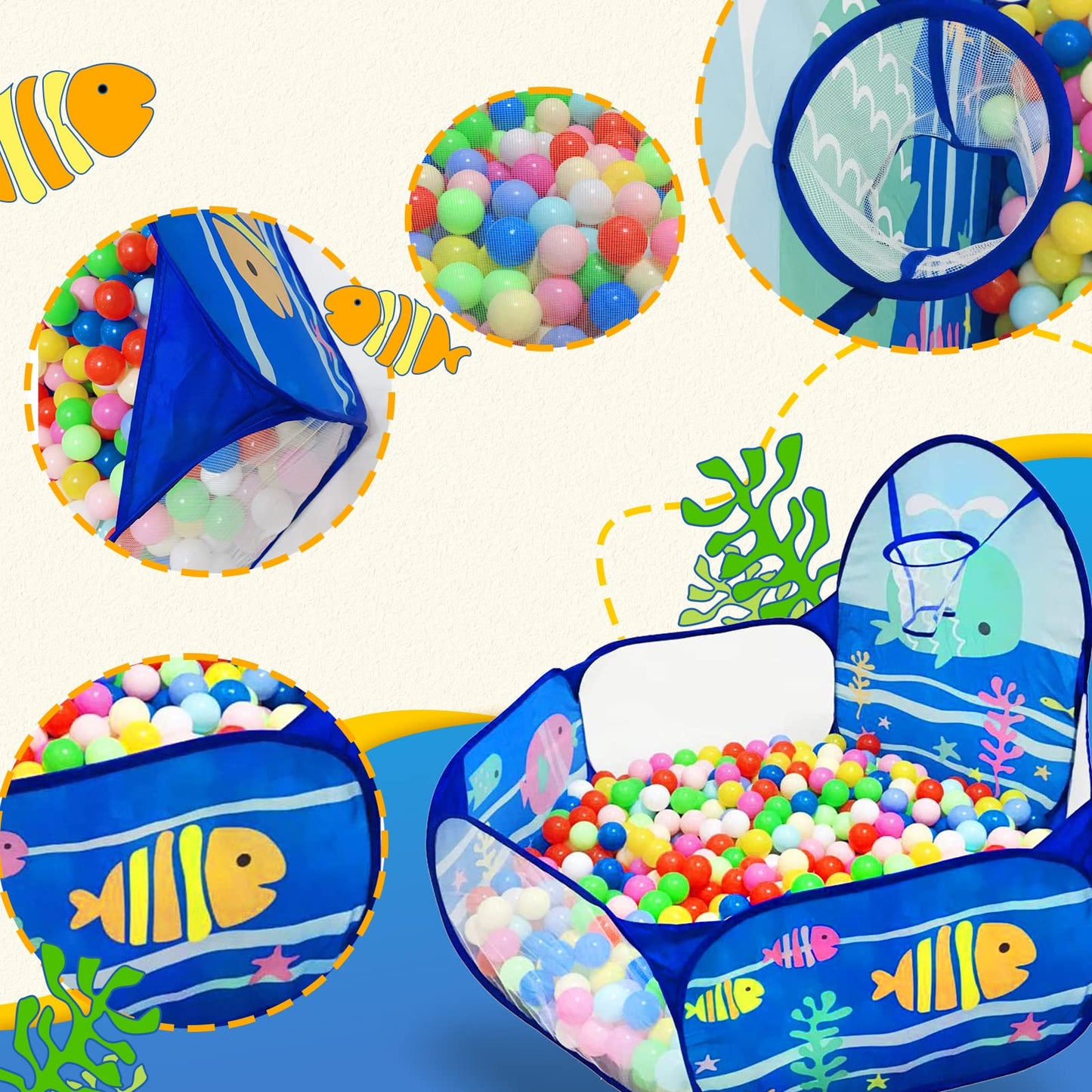 LOJETON Kids Ball Pit Ocean — 4 ft Play Tent with Basketball Hoop