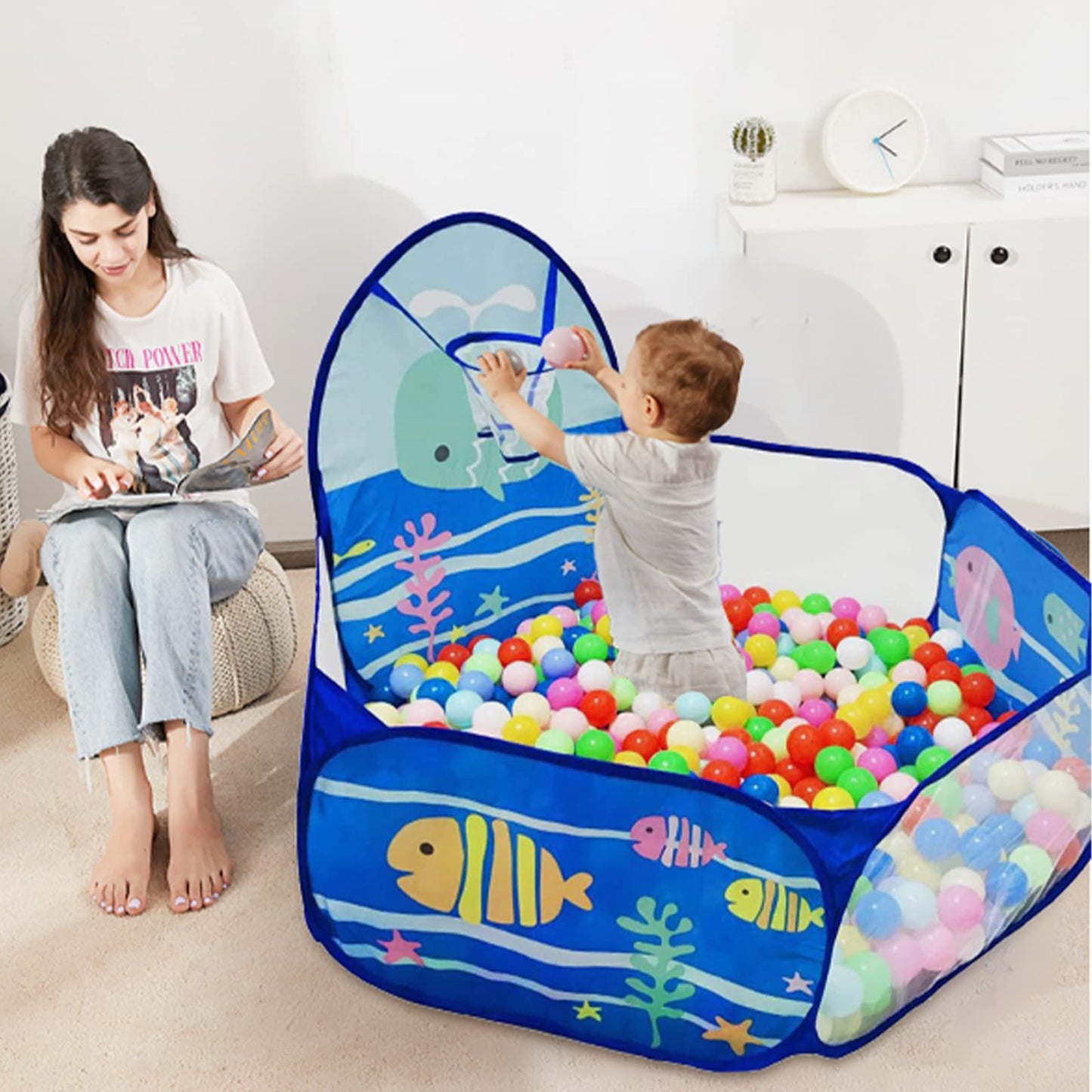 LOJETON Kids Ball Pit Ocean — 4 ft Play Tent with Basketball Hoop