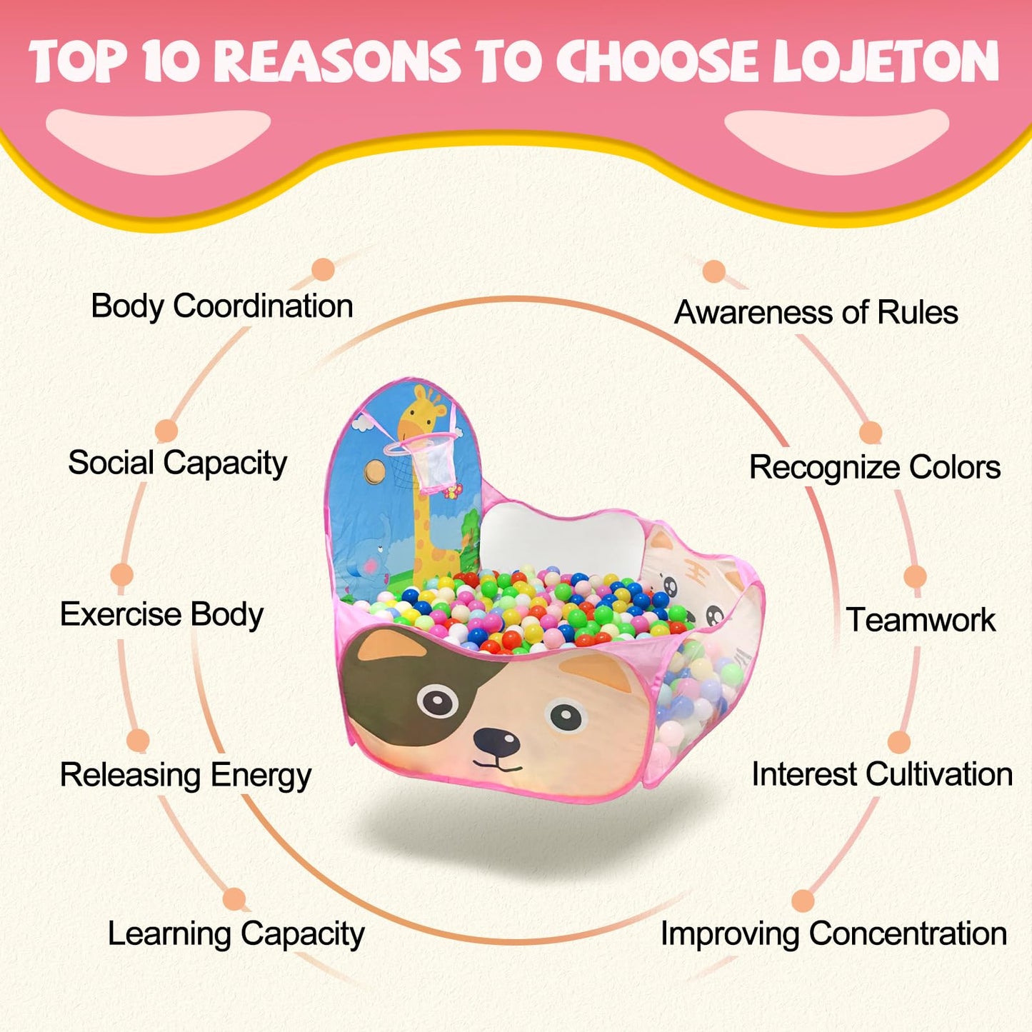 LOJETON Kids Ball Pit with Basketball Hoop – 4 ft Pop Up Play Tent