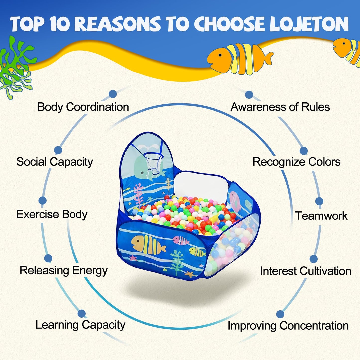 LOJETON Kids Ball Pit Ocean — 4 ft Play Tent with Basketball Hoop