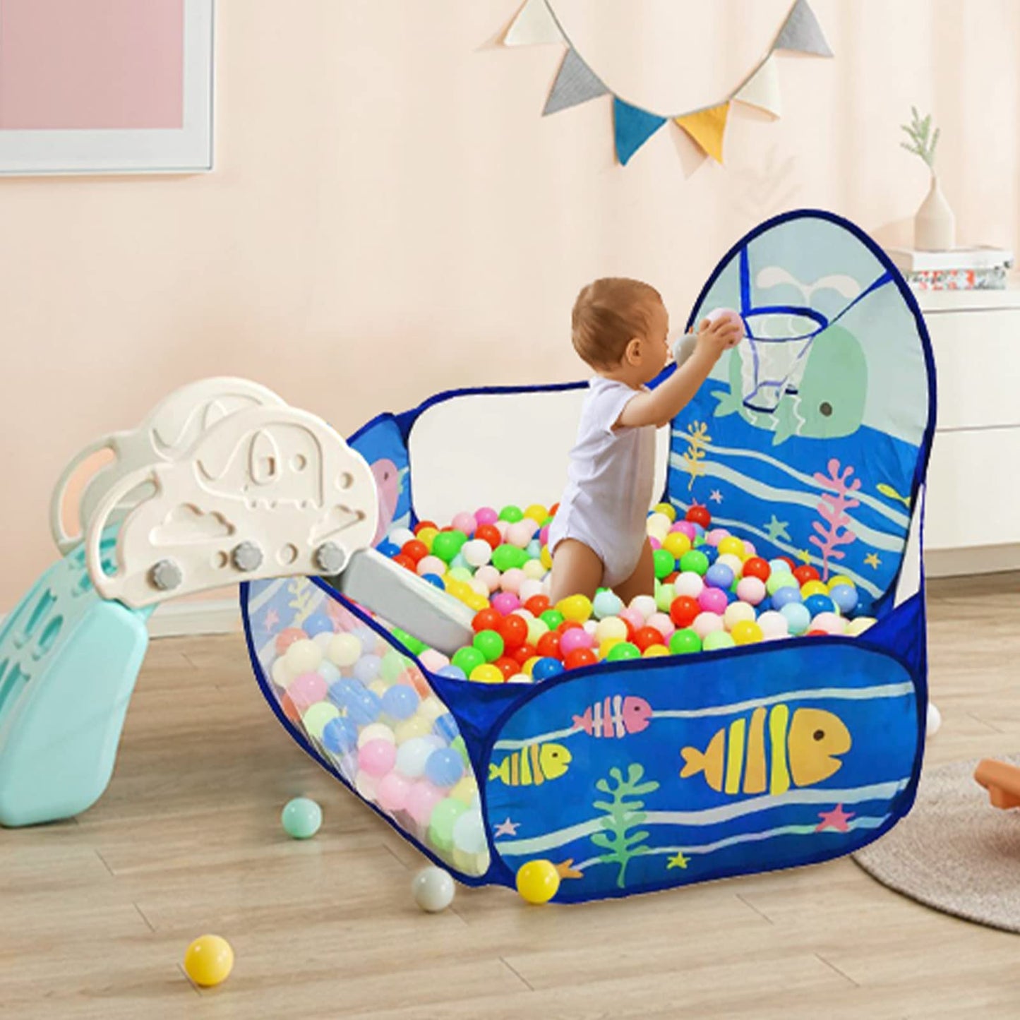LOJETON Kids Ball Pit Ocean — 4 ft Play Tent with Basketball Hoop
